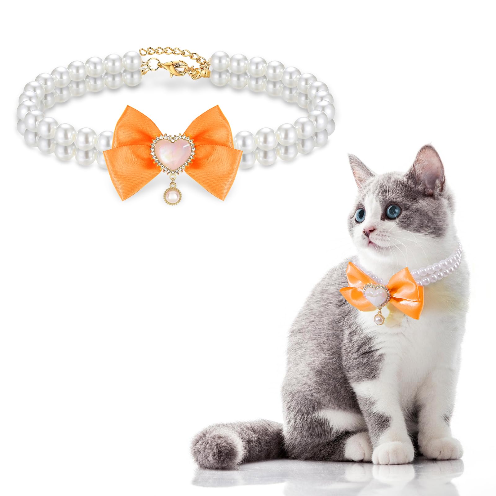 Howwfaly Dog Pearl Collar And Cat Princess Bow Collars Gold Chain Necklace Stainless Steel Adjustable Cute Pet Heart Shape Penda