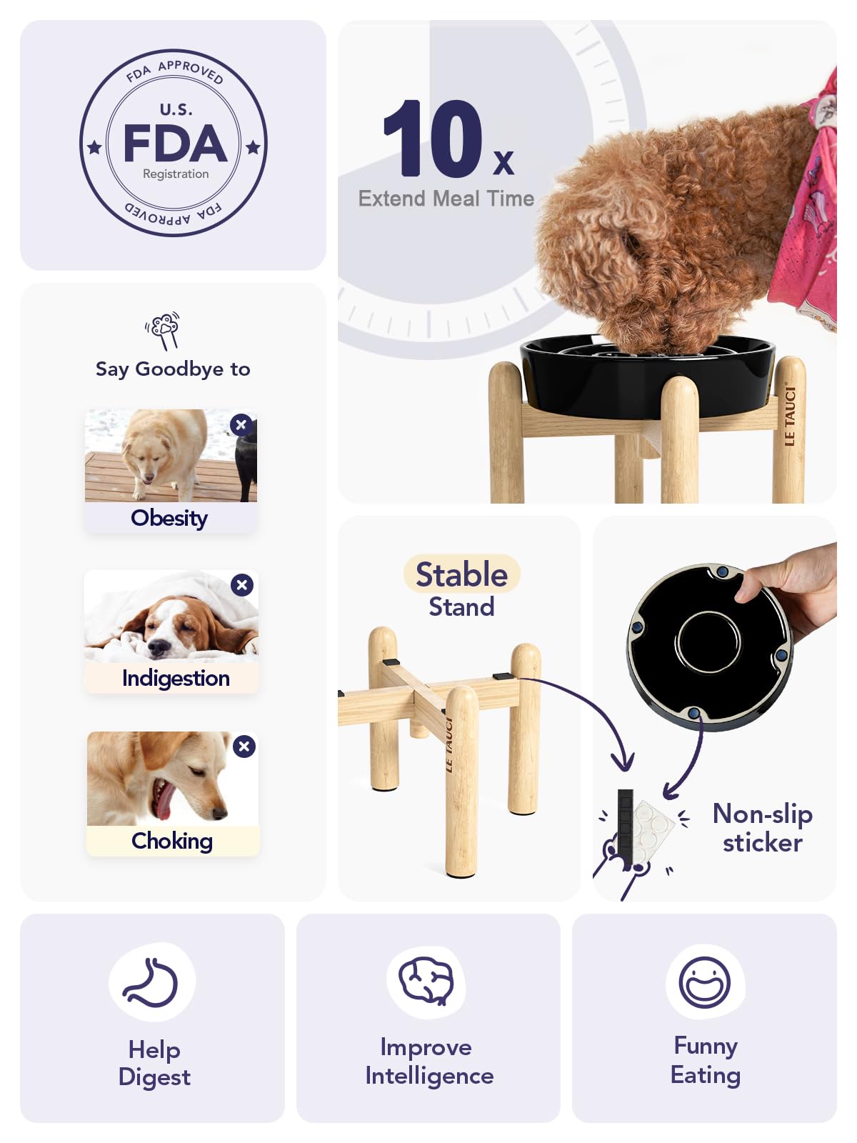 Le Tauci Ceramic Slow Feeder Dog Bowls Elevated, 0.6 Cups Raised Dog Bowl With Wooden Stand For Small Breed, Dog Dishes To Slow