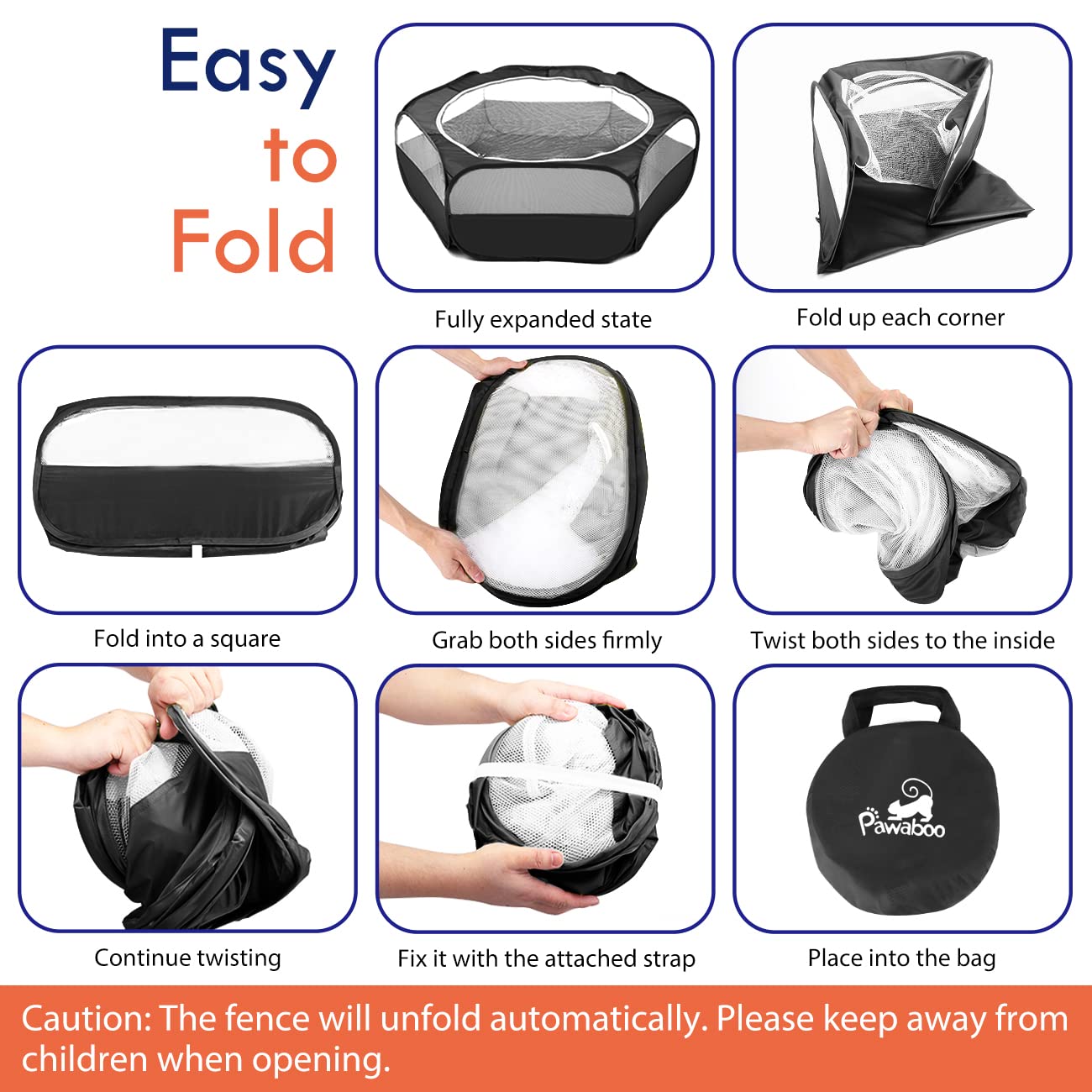 Pawaboo Small Animals Playpen, Waterproof Small Pet Cage Tent With Zippered Cover, Portable Outdoor Yard Fence With 3 Metal Rod For Kitten/Puppy/Guinea Pig/Rabbits/Hamster/Chinchillas, Black