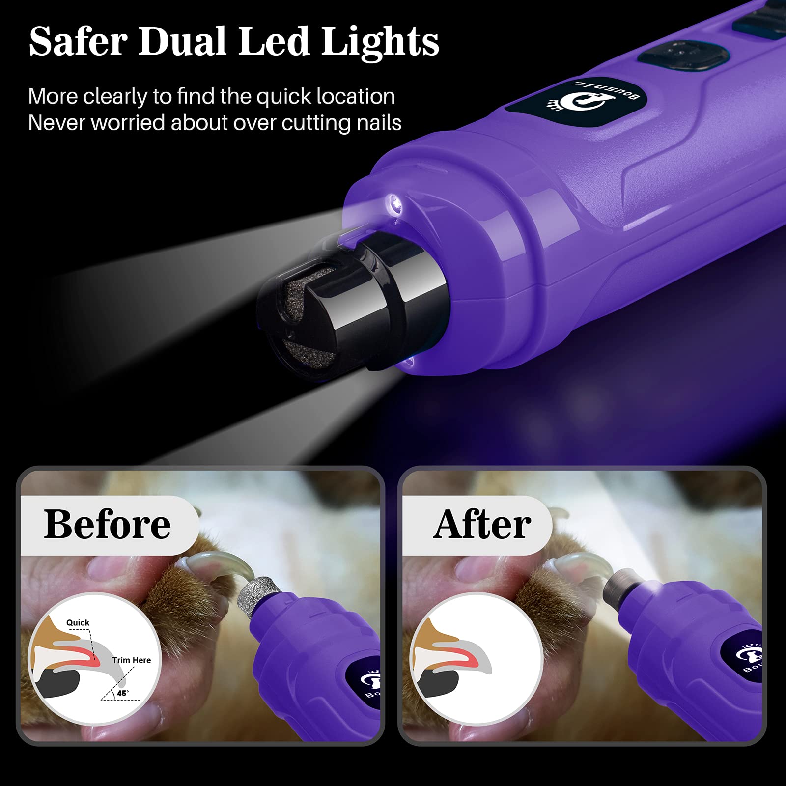 Bousnic Dog Nail Grinder With 2 Led Light - Super Quiet Pet Nail Grinder Powerful 2-Speed Electric Dog Nail Trimmer File Toenail Grinder For Puppy Small Medium Large Breed Dogs & Cats (Purple)