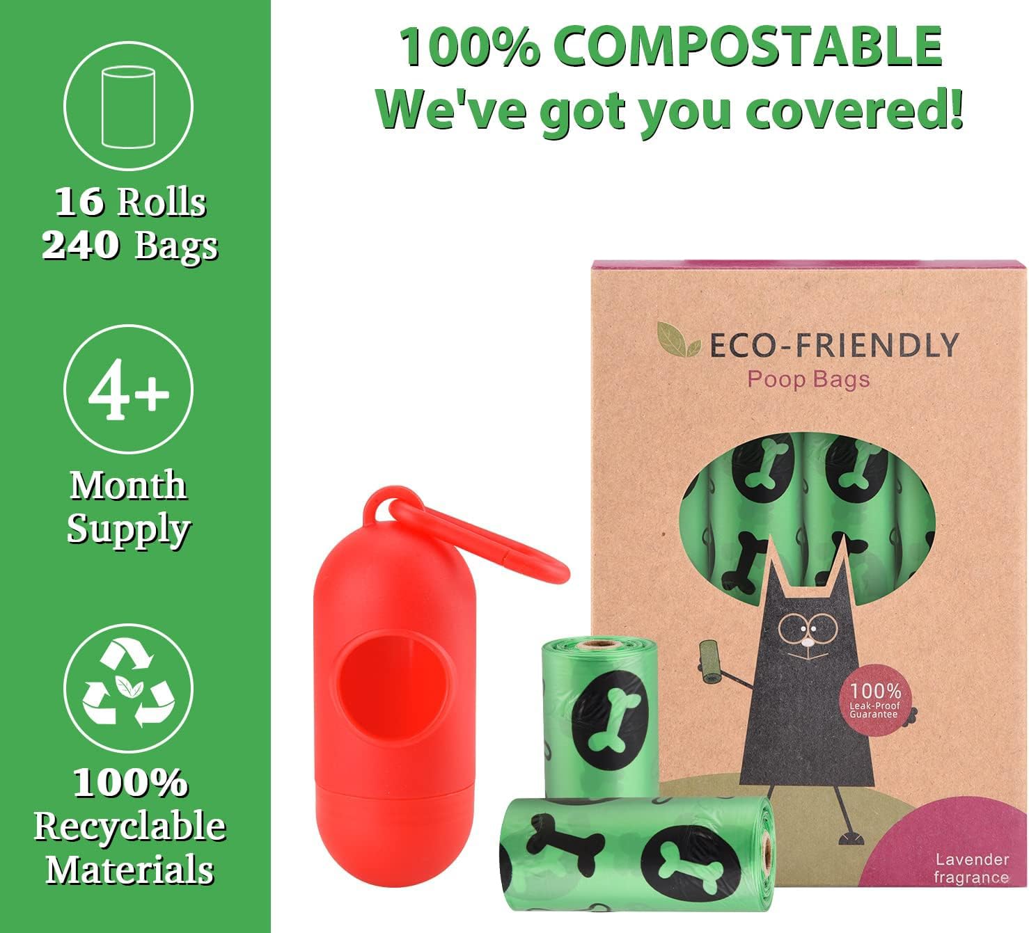 WDFAACK Biodegradable Dog Poo Bags with Holder-240 Large Poop Bags, Corn Starch Blended Compostable Poo Bag, Extra Thick Strong