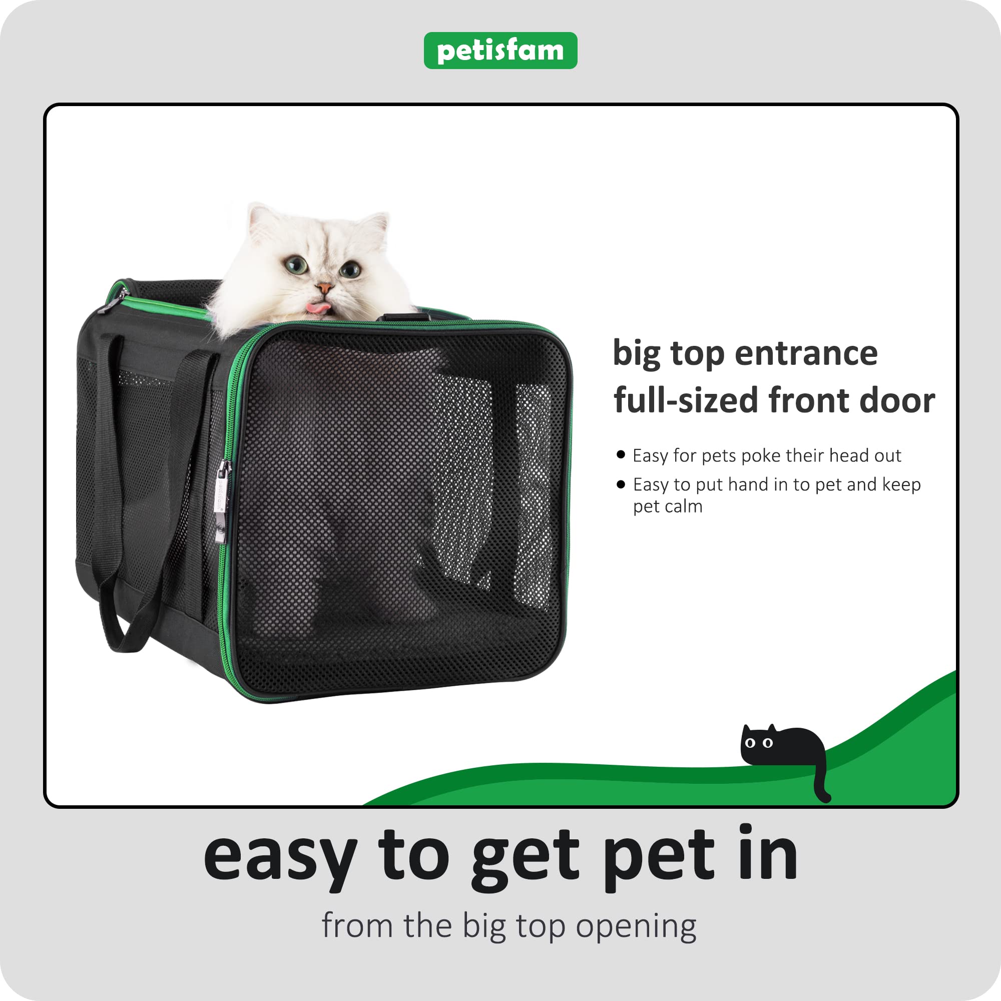 Petisfam Soft Pet Carrier Bag For Easy Travel With Medium, Large Cats, 2 Kitties And Small Dogs. Easy To Get Cat In. Easy Vet Visit. Easy Storage. Black W/Green Trim, L