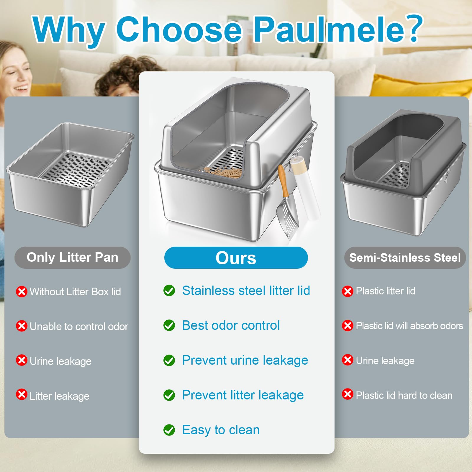 Xxl All Stainless Steel Sifting Litter Box With Lid,Sifting Cat Litter Box For Wood Pine Pellets,High Sides Sifter Litter Pan Sy