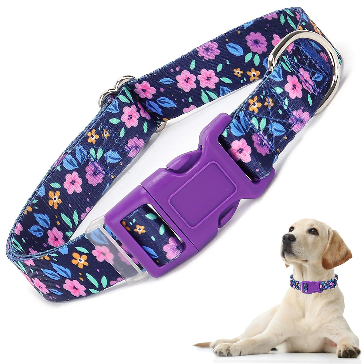 Dog Collar With Purple Flowers Patterns, Cute Girl & Boy Dog Collar Adjustable Soft Durable Pet Collar For Xs Small Medium Large
