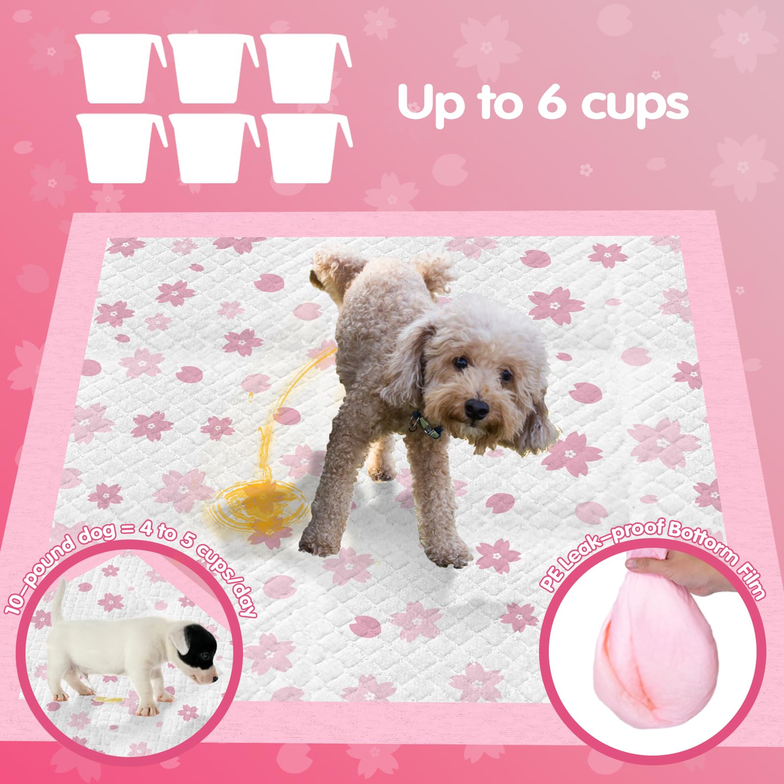 Pink Puppy Pads, Absorbent 23''X 23'' 50 Count Cute Dog Pee Pad With Adhesive Tabs For Potty Training, Leak-Proof Quiky-Dry Pads