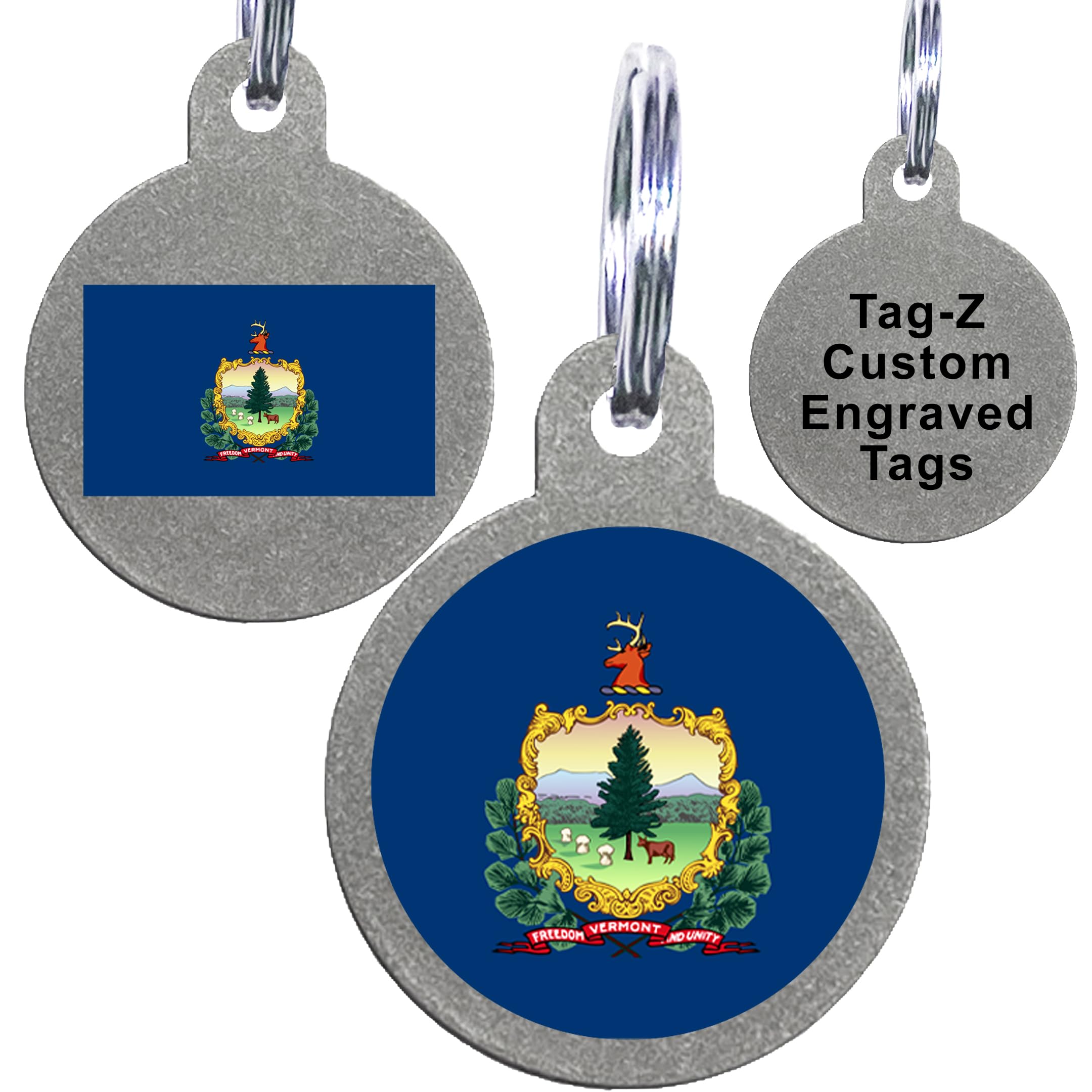 Vermont Flag Pet Id Tags, Custom Printed And Laser Engraved Circle