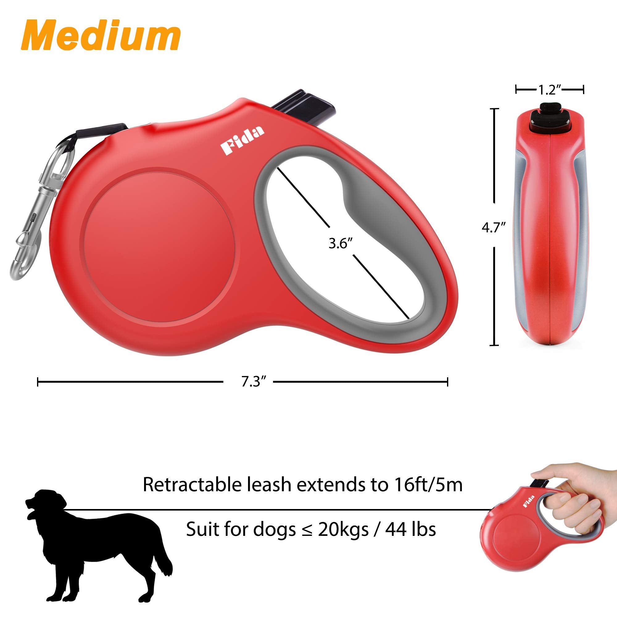 Fida Retractable Dog Leash With Dispenser And Poop Bags, 16 Ft Pet Walking Leash For Medium Dog Or Cat Up To 44 Lbs, Anti-Slip Handle, Tangle Free, Reflective Nylon Tape (M, Red)