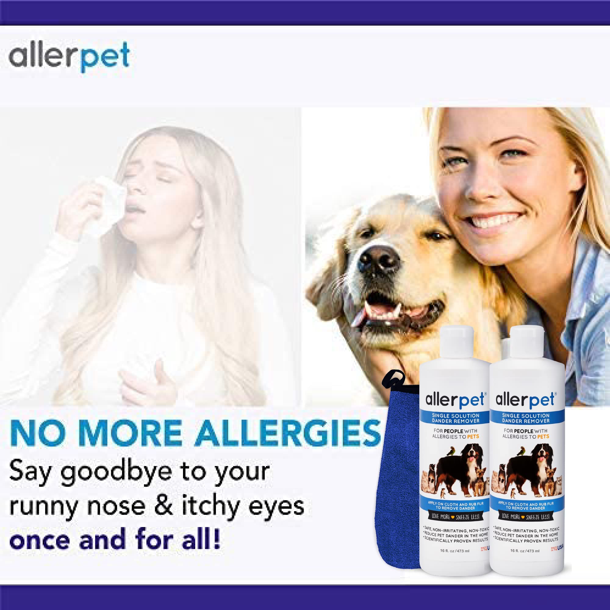 Allerpet Single Solution 16 Fl Oz Bottle Dander Remover For Pets (2 Pack) - Relieves Allergies - Bonus Mitt To Easily Apply Solution To Your Pet