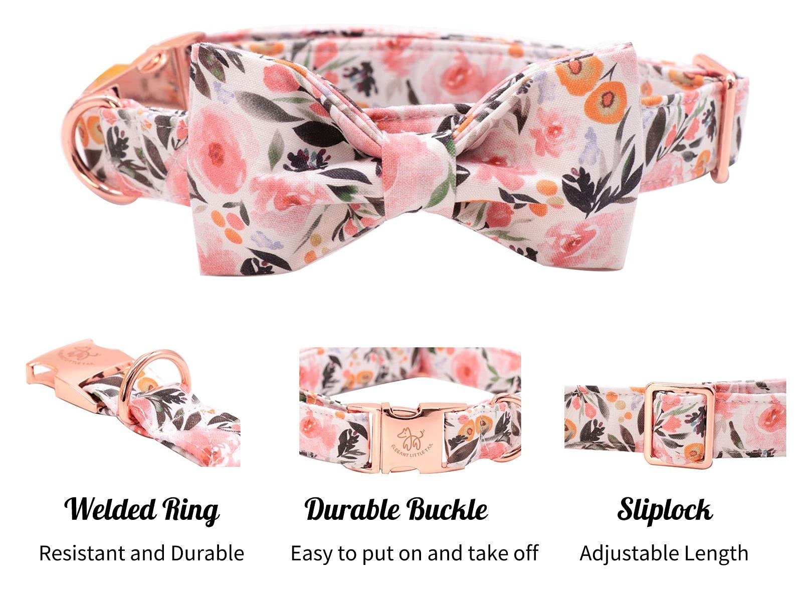 Elegant Little Tail Pink Floral Dog Collar, Girl Dog Collar With Bow Adjustable Soft Bow Tie Dog Collars For X-Small Dogs And Ca