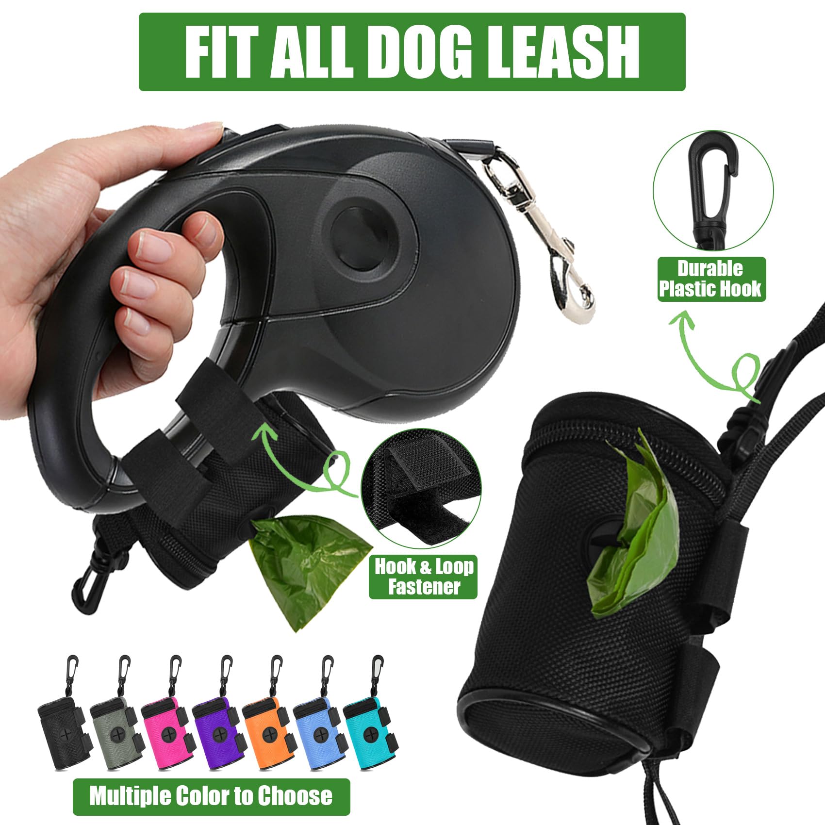 Dog Poop Bag Holder for Leash Attachment - Waste Bag Dispenser for Leash - Fits Any Dog Leash - Portable Set with Hand Free Hold