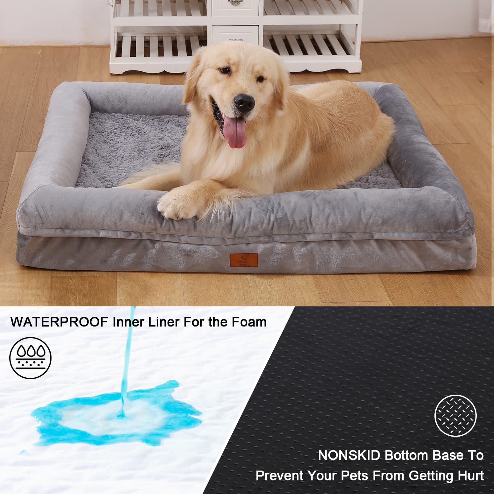 Yiruka Large Dog Bed, Grey Orthopedic Dog Bed, Waterproof Dog Bed With Removable Cover, 4-Sides Removable Bolster Dog Soft Sofa Bed With Nonskid Bottom, Washable Dog Beds For Large Dogs