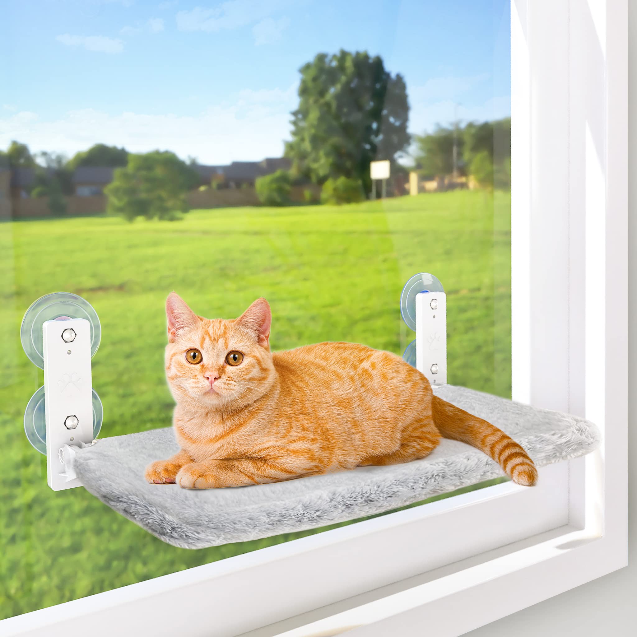Amosijoy Cordless Cat Window Perch, Cat Hammock For Wall With 4 Suction Cups, Solid Metal Frame And Reversible Cover, Foldable C