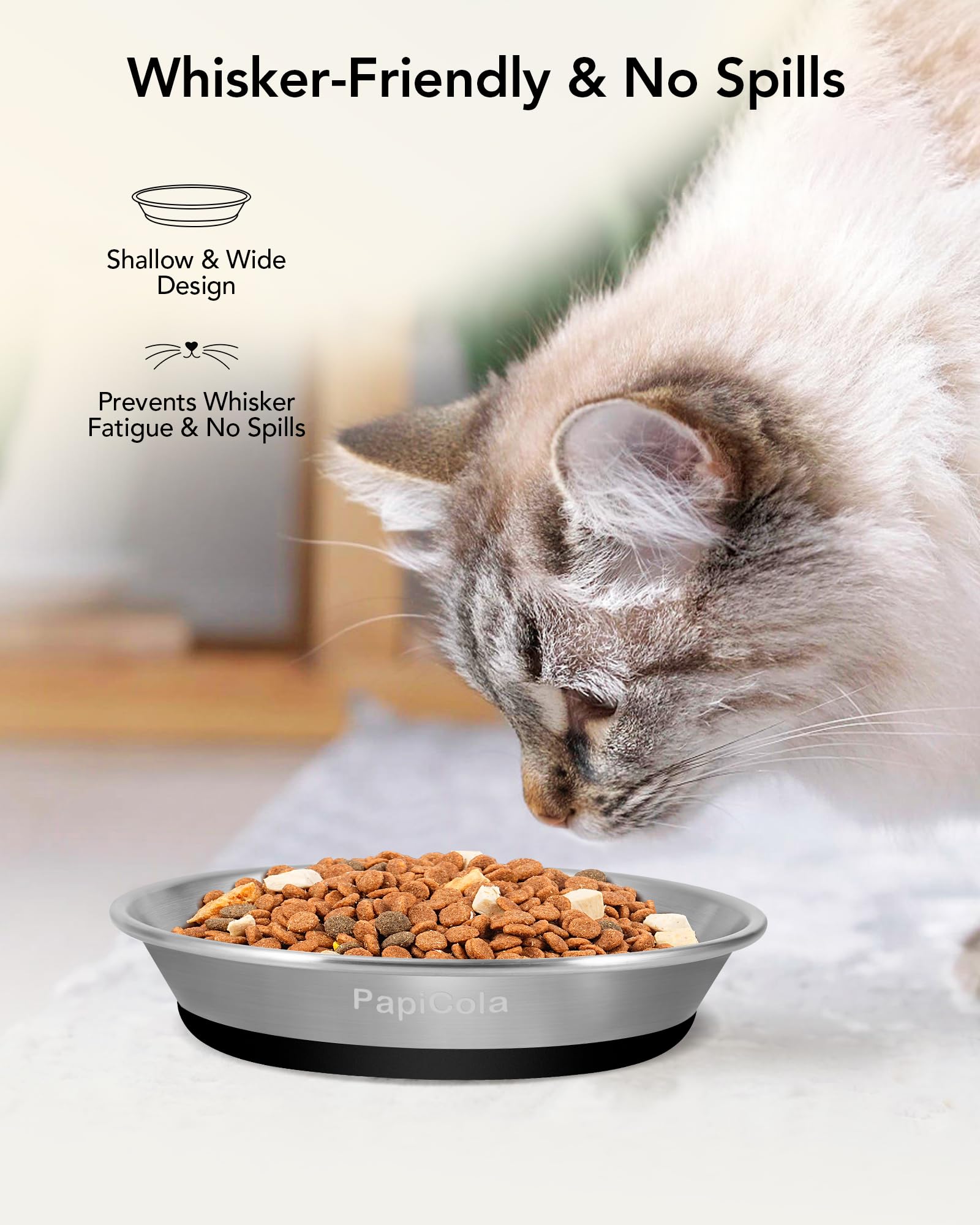 Stainless Steel Cat Bowls, Non-Slip cat Food Dishes, Metal Cat Food and Water Bowls, Whisker Friendly with Wide and Shallow Desi