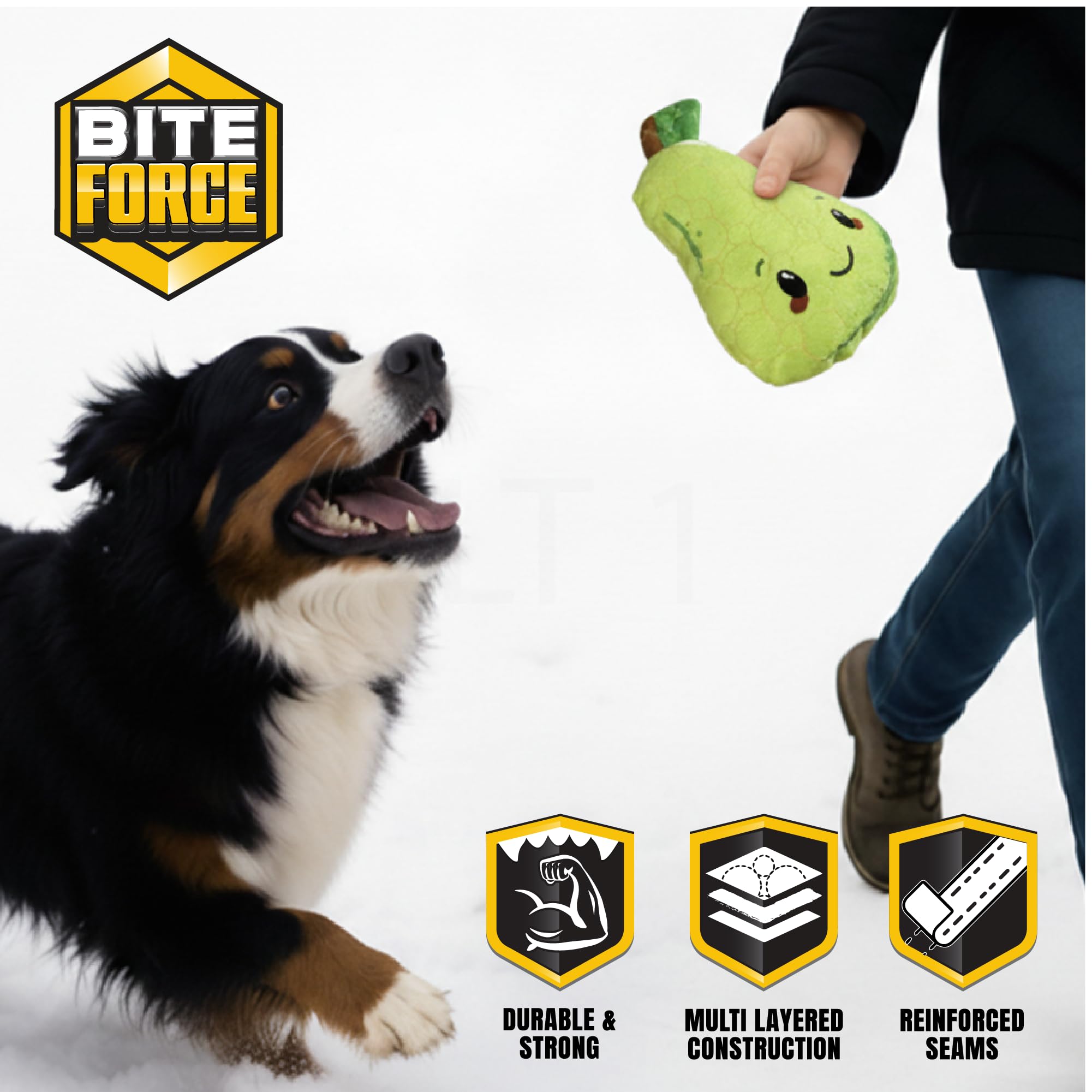 Bite Force -Durable & Strong Dog Toy Mr. Pear with Squeaker, Kevlar-Reinforced for Aggressive Chewers for Small Medium Large Dog