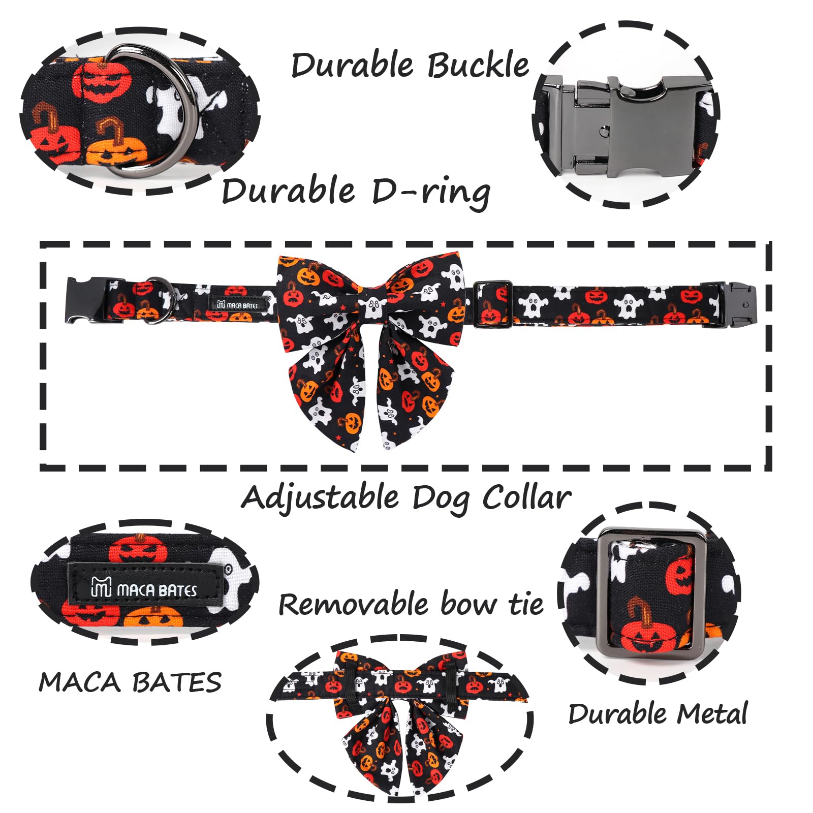 Maca Bates Halloween Dog Collar Spooky Ghost Dogs Collars With Bow Black And White Puppy Colar With Bowtie Adjustable Birthday Gift For Xs Small Medium Large Xl Girls Boys Male Female Dogs Pet