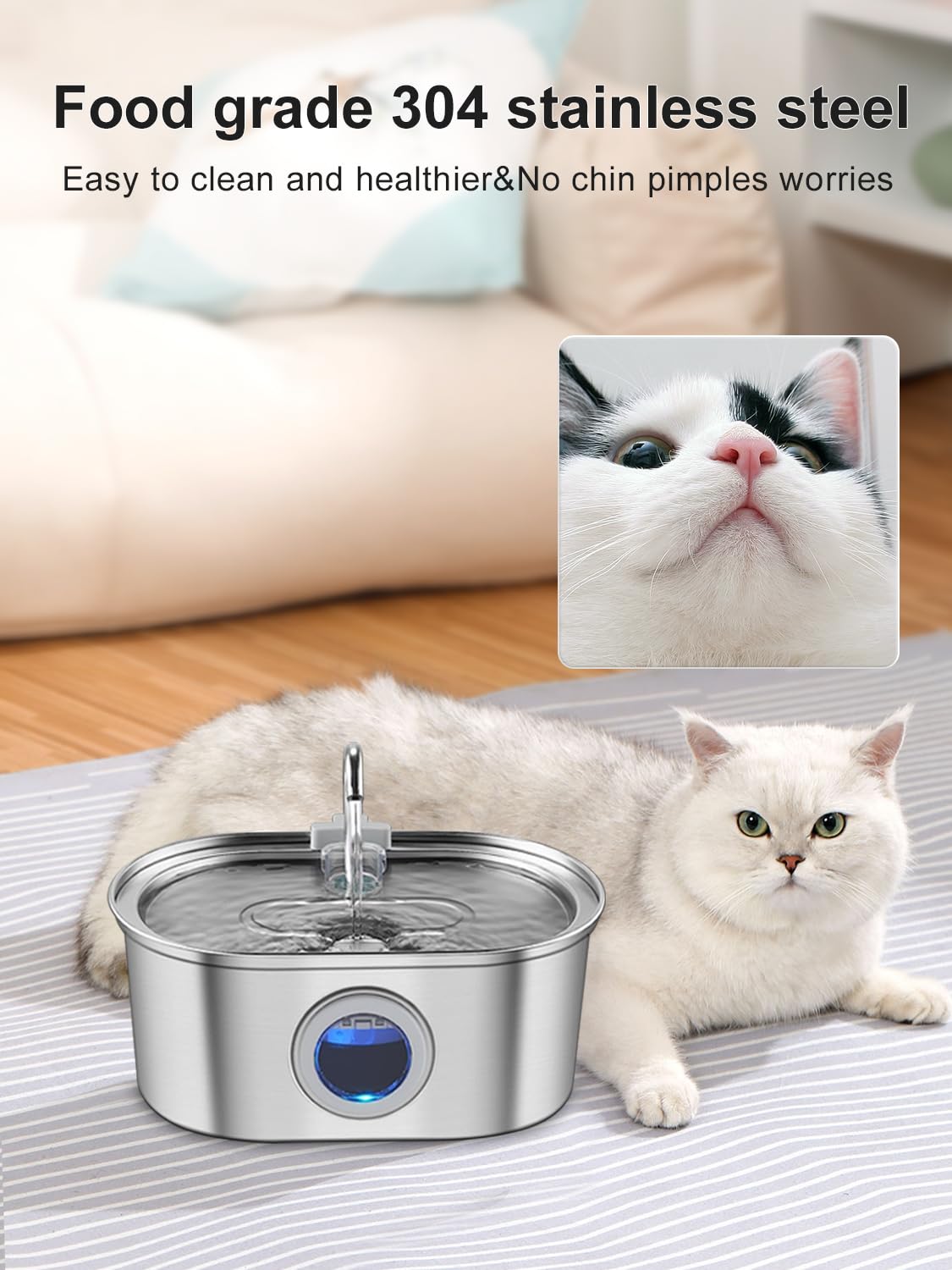 Cat Water Fountain Stainless Steel With Water Level Window,108Oz/3.2L Cat Fountain Quiet Automatic Pet Water Fountain For Cats And Small Dogs