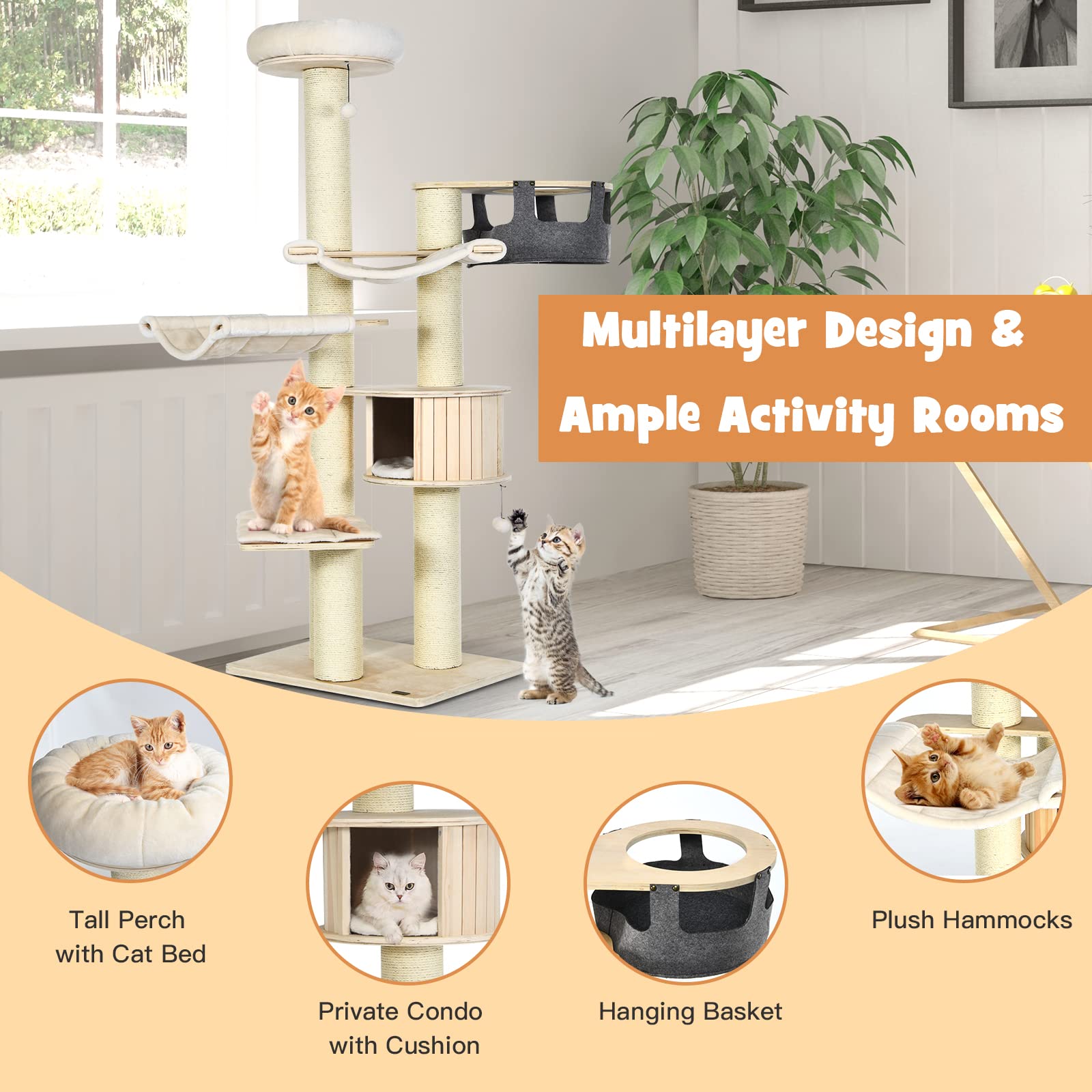 Petsite 77.5'' Tall Cat Tree, Multi-Level Modern Cat Tower With Sisal Scratching Posts, Top Perch, Cat Condo, Hammocks, Hanging