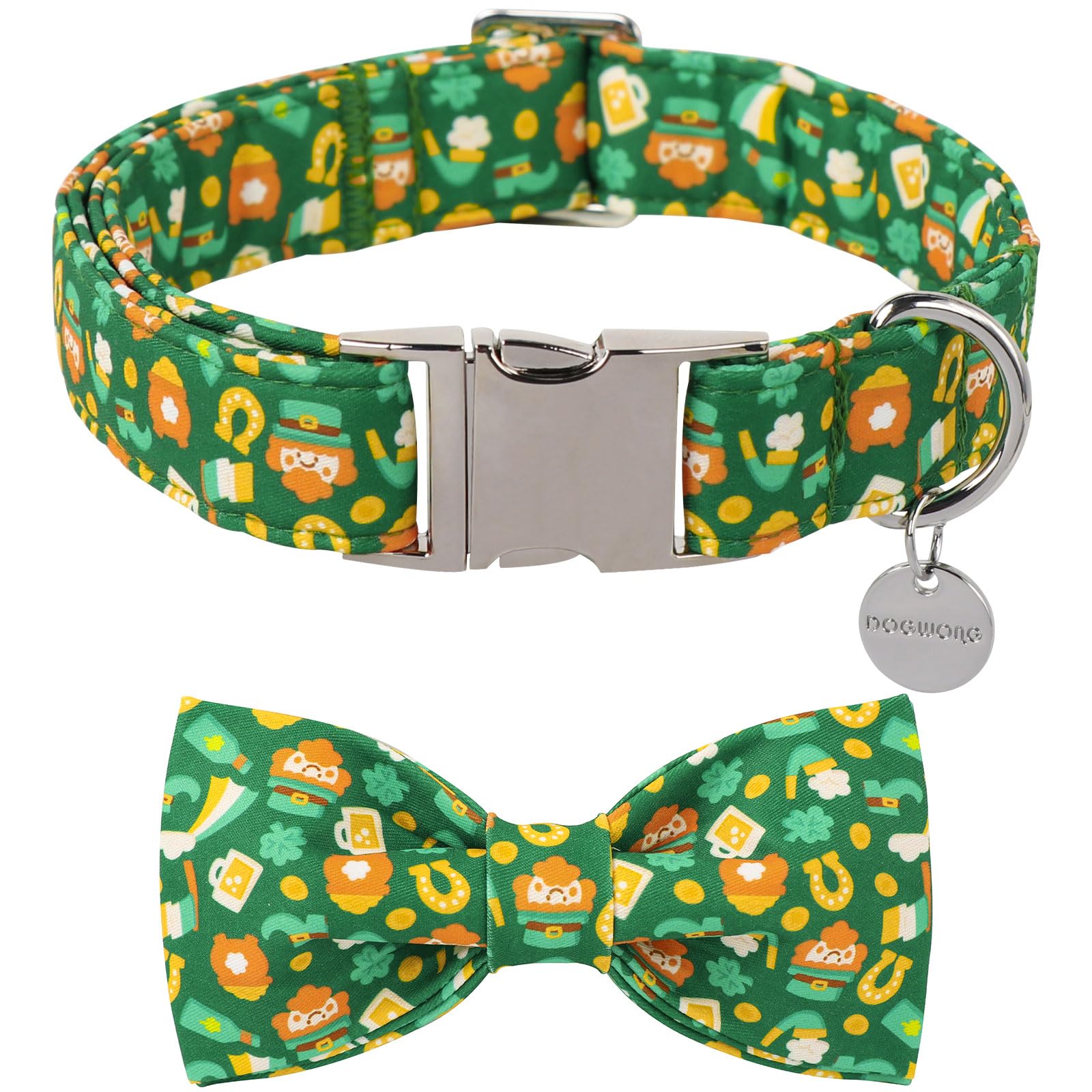 Dogwong St Patrick Dog Bow Tie With Collar, Irish Holiday Shamrock Lucky Dog Collar For Boys And Girls Large Medium Pets Puppies