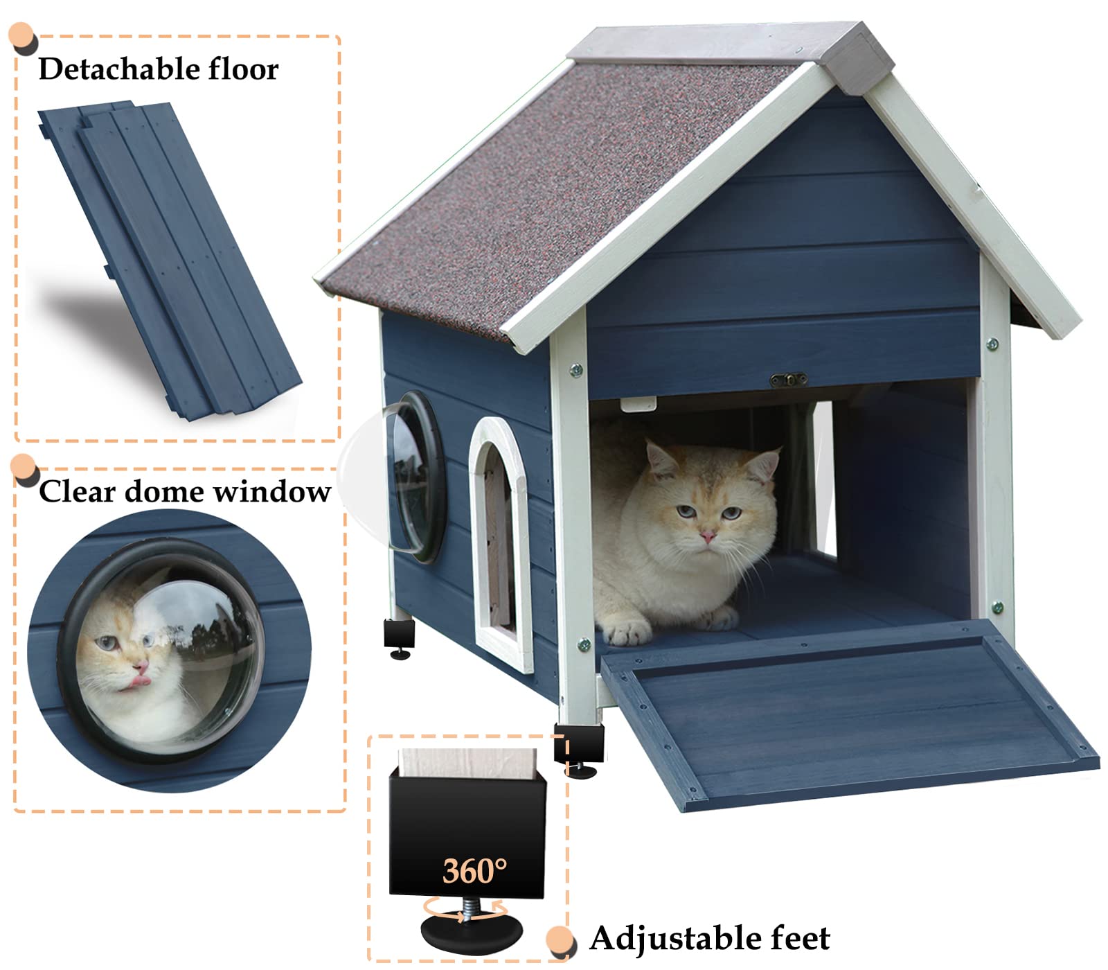 Rockever Outdoor Cat House, Feral Cat House Outdoor Weatherproof With Escape Door And Clear Windows For 2 Cats(Blue)