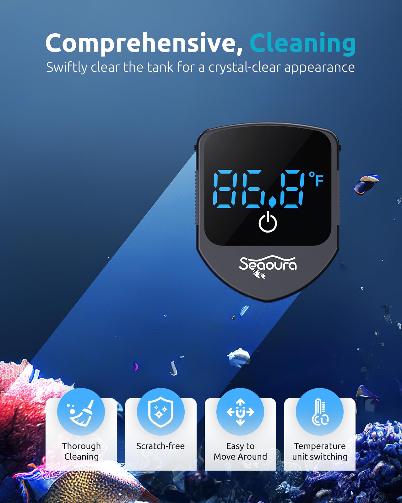 SEAOURA 2-in-1 Aquarium Magnetic Cleaner with Digital Aquariums Thermometer, Fish Mini Magnets Brush only for Glass Tank,Tiny Ma
