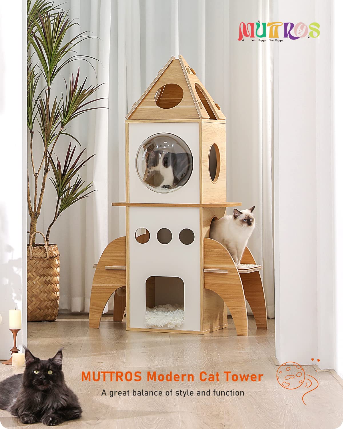 Muttros Modern Cat Tree Rocket Shape,54'' Wood Cat Tower Multilevel For Indoor Cats, Cat Furniture With 3 Condos, Dangling Balls