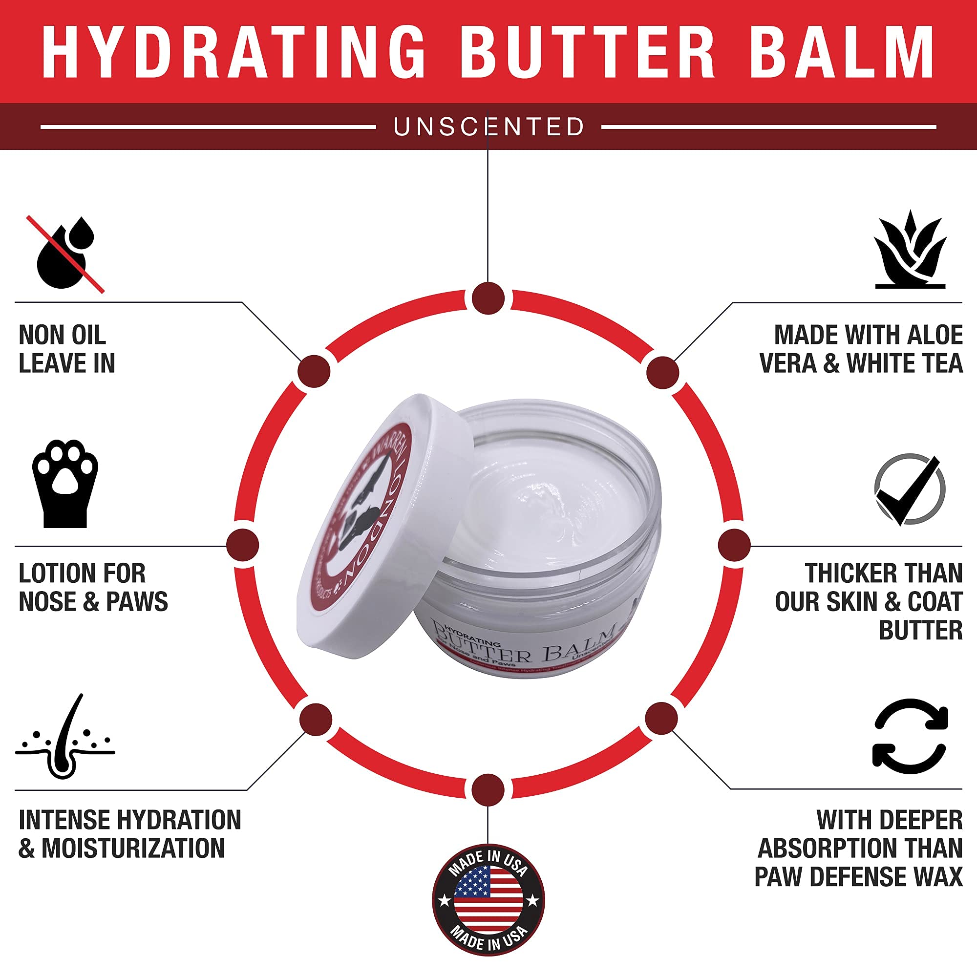 Warren London Hydrating Butter Balm- Dog Balm For Paws And Nose- Made In Usa- Unscented 4Oz