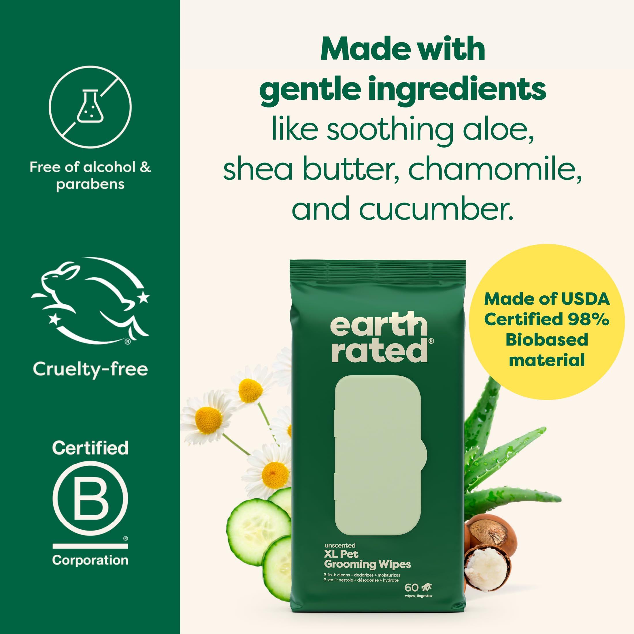 Earth Rated Xl Pet Wipes For Dogs & Cats, 3-In-1 Hypoallergenic Cleaning, Deodorizing And Hydrating Extra Large Grooming For Bod