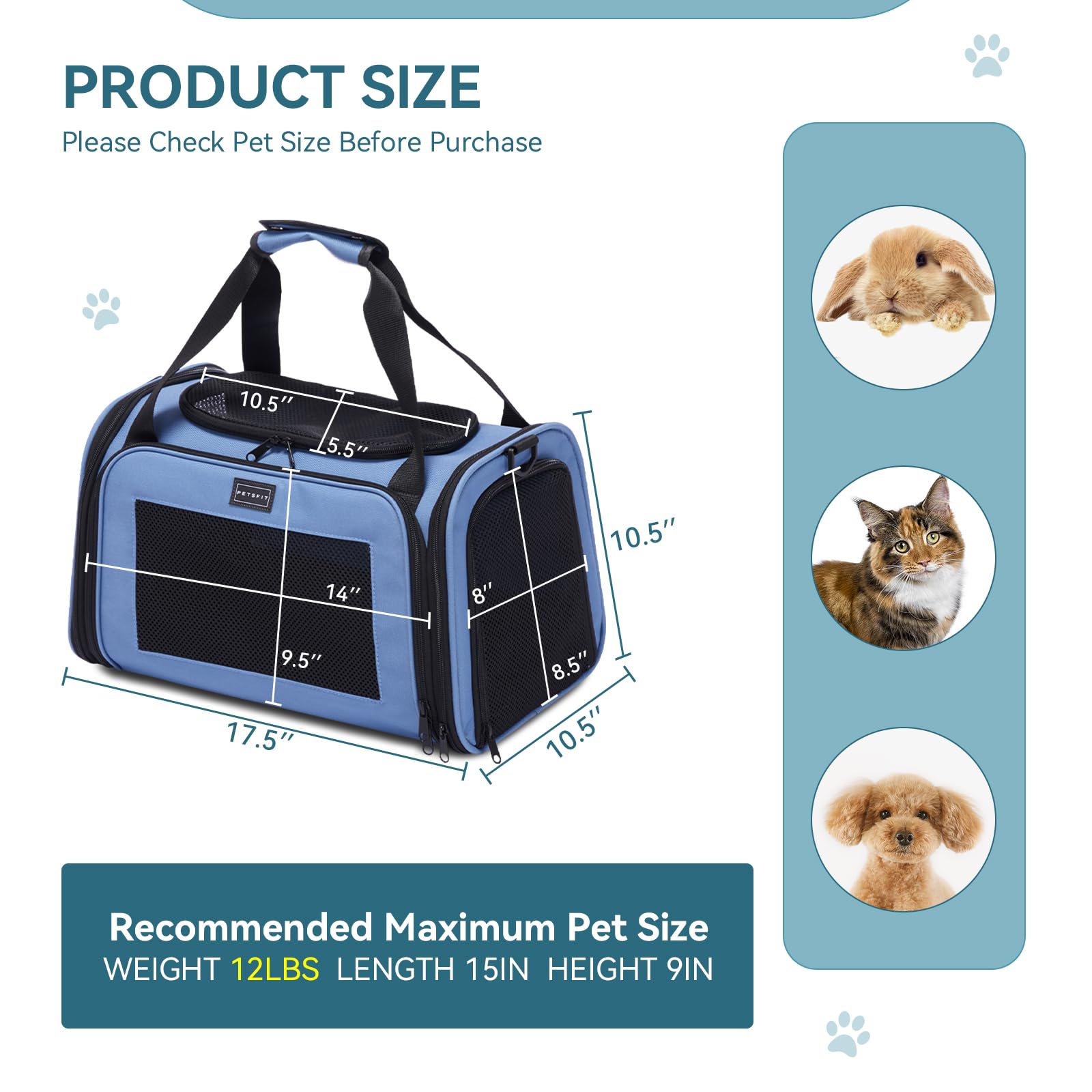 Petsfit Pet Carrier, Dog Carrier Airline Approved, Collapsible Soft Sided Tsa Approved Pet Carrier For Small And Medium Cats, Puppies Up To 12 Lbs, Cat Travel Carrier, Blue