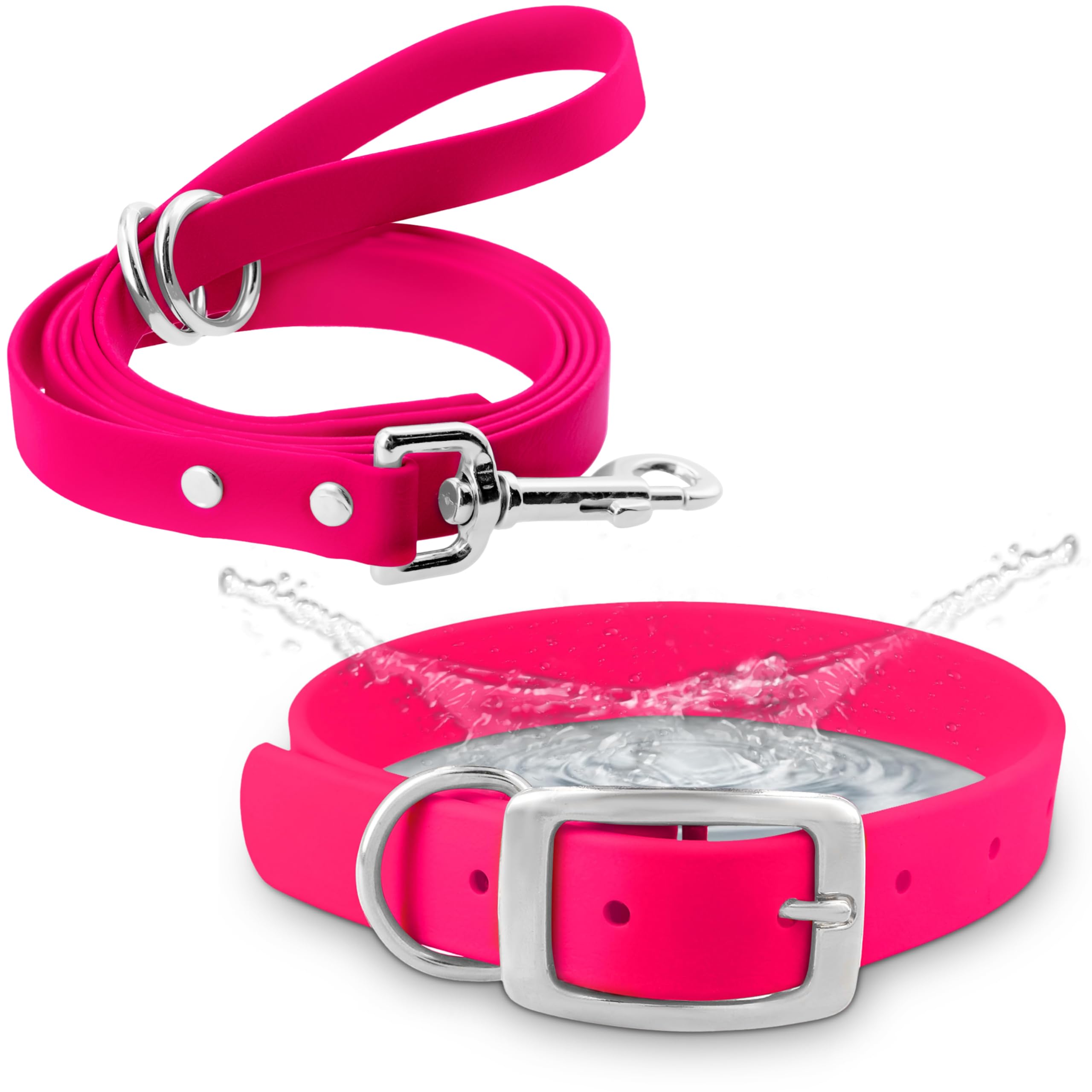 Regal Dog Products Large Pink Waterproof Dog Collar and Leash Set | Heavy Duty Double Buckle & D Ring - 5'ft Leash | Adjustable 
