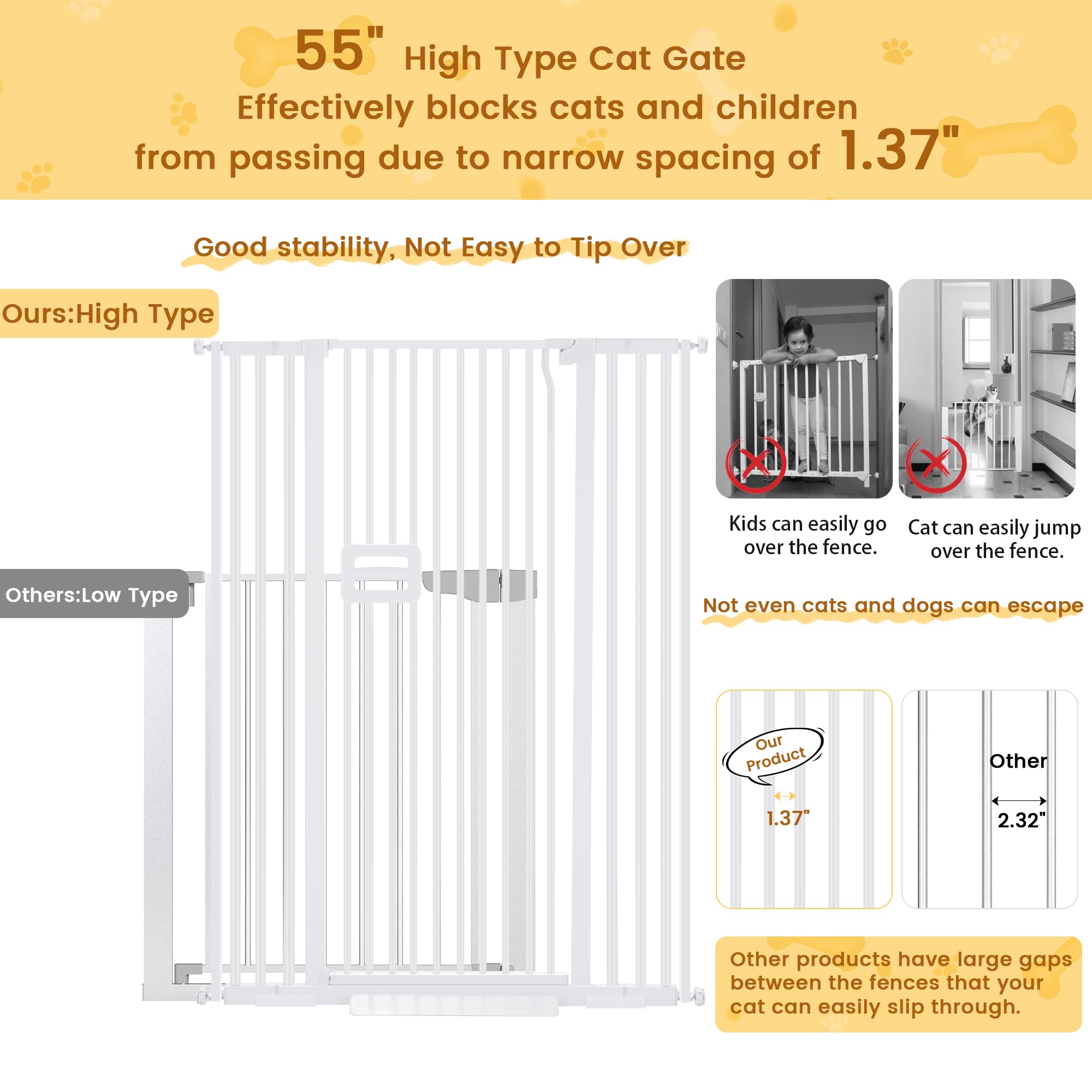 Oneblis 55' Extra Tall Cat Gate For Doorway, 29.5' -32.3' Adjustable Width Auto Close Pet Gate, No Drilling Pressure Mount Kit, High Cat Gates For Indoor No Climb, Suitable For Hallway Kitchen (White)