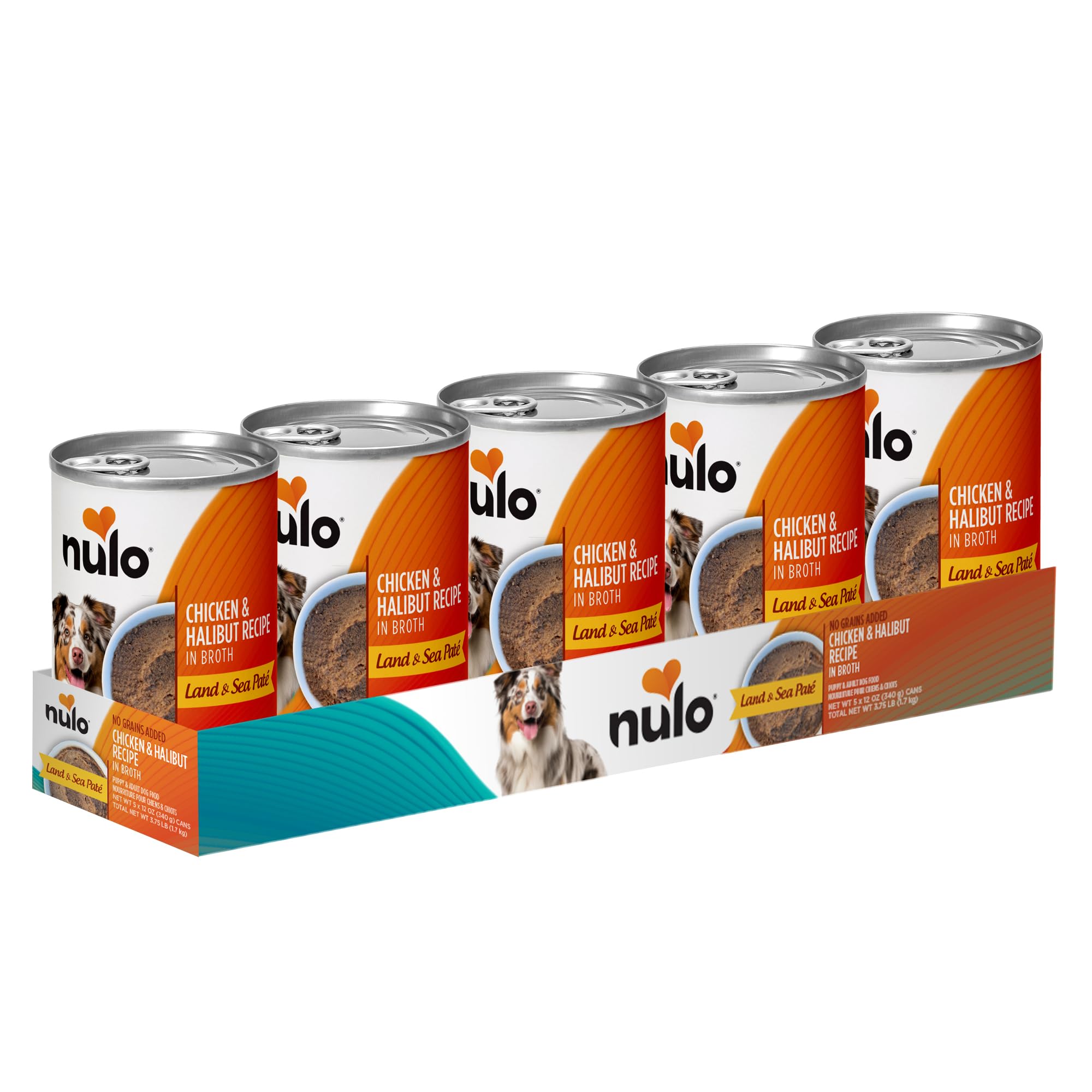 Nulo Land & Sea for Adult Dogs & Puppies Chicken & Halibut Recipe in Broth 12 Ounce Cans, Pack of 5