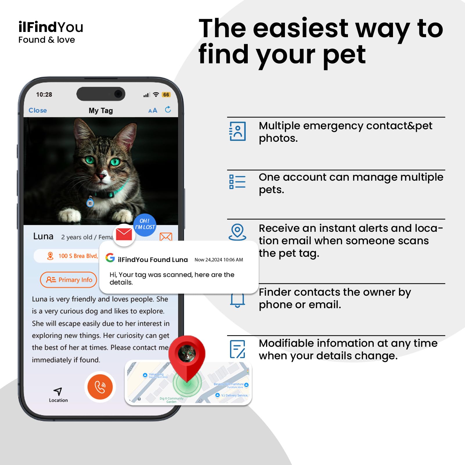 ilFindYou Personalized QR Code Tag for Kitten Collar, Cat Tracker With Scan Location Alerts, Blue S