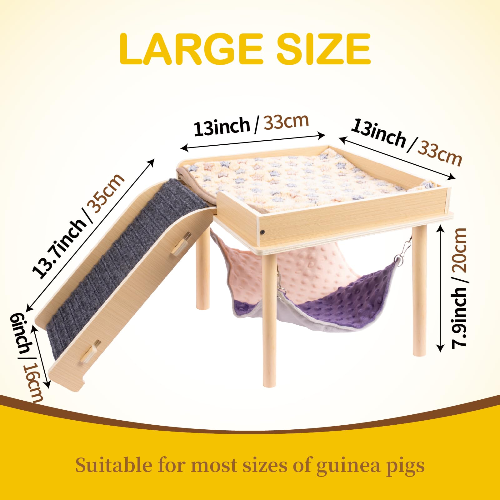 Besnew Enlarged Guinea Pig Hammock With Platform And Stairs,Wooden Small Animal Hideout For Guinea Pigs Bunny Ferret Hamster Hid