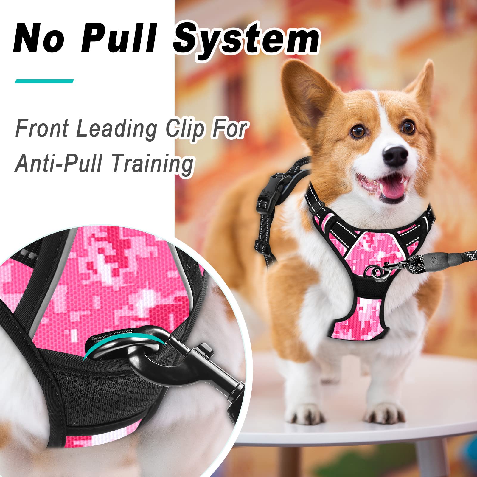 Barkbay No Pull Dog Harness Large Step In Reflective Dog Harness With Front Clip And Easy Control Handle For Walking Training Running(Pink Camo,M)