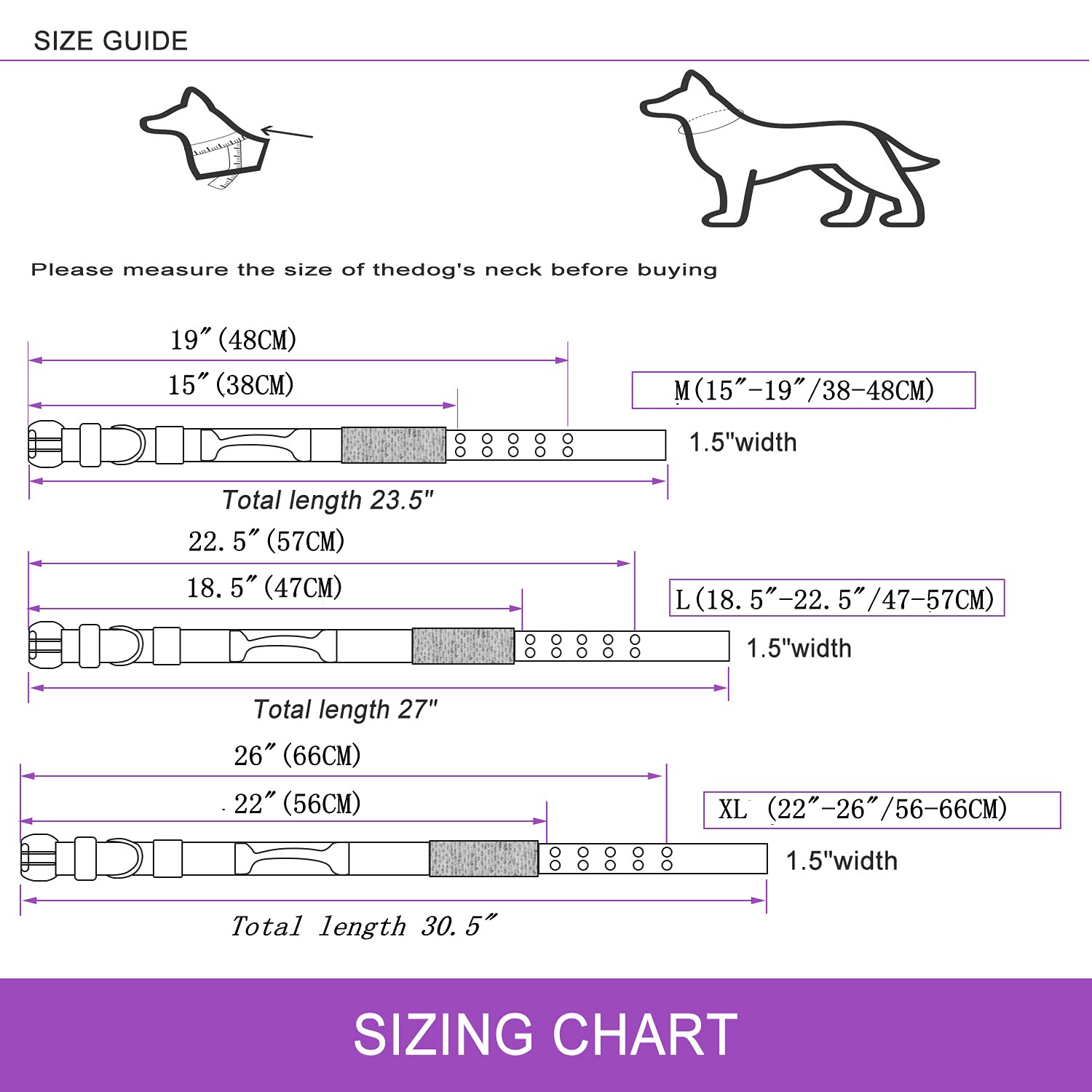 Yunleparks Reflective Dog Collar Heavy Duty Dog Collar with Control Handle and Metal Buckle for Dog Training(XL,Purple)