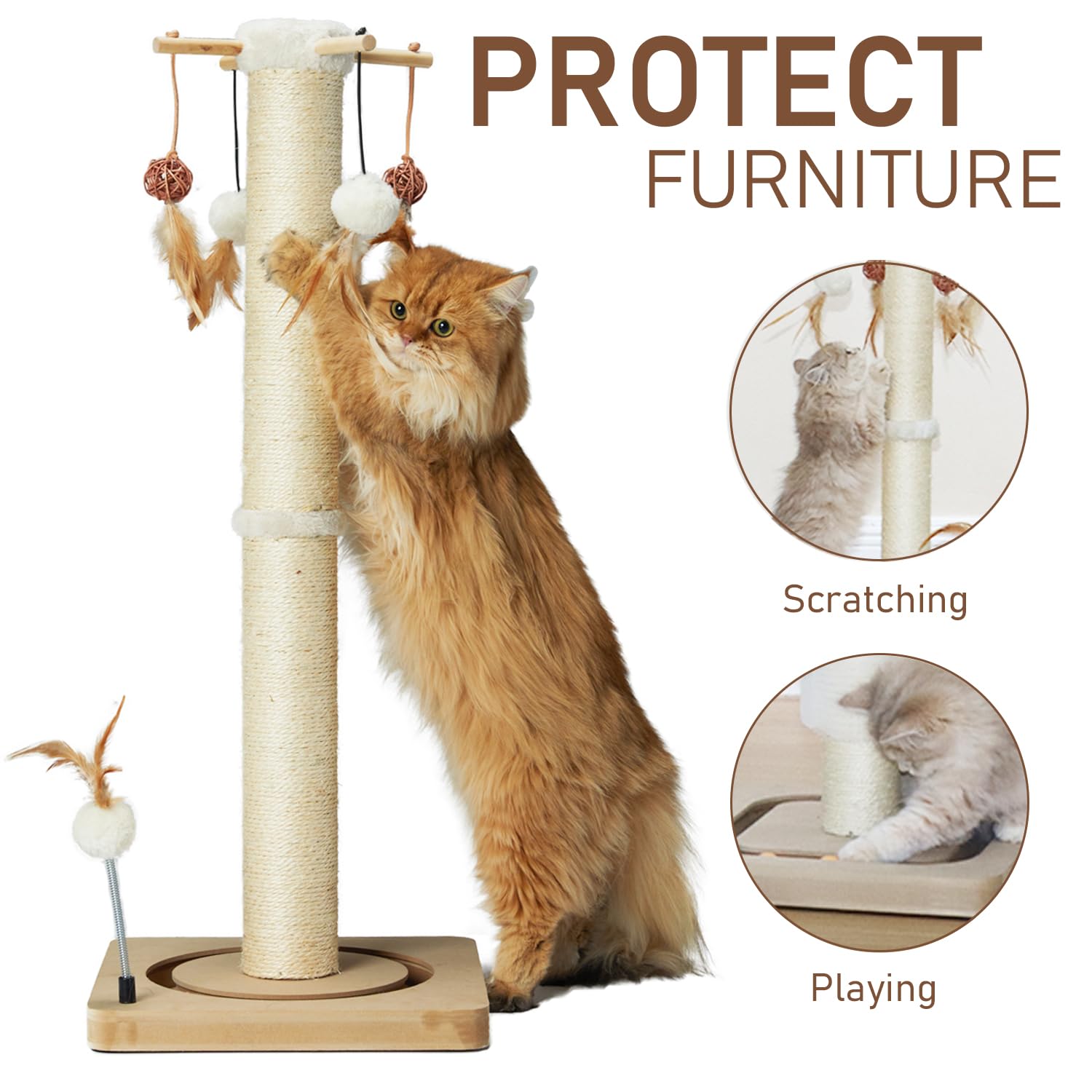 Peekab Cat Scratching Post 33 Inches Tall Large Sisal Scratch Posts With Track Ball Toys For Indoor Cats And Kittens,Vertical Sc