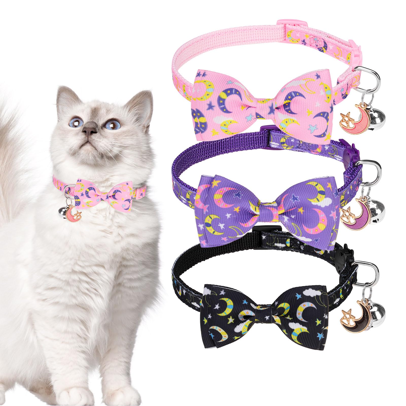 Scenereal Cat Collar Breakaway 3 Pack - Safety Kitten Collar With Bells Moons Stars Bowtie, Spring Summer Pet Accessory For For 