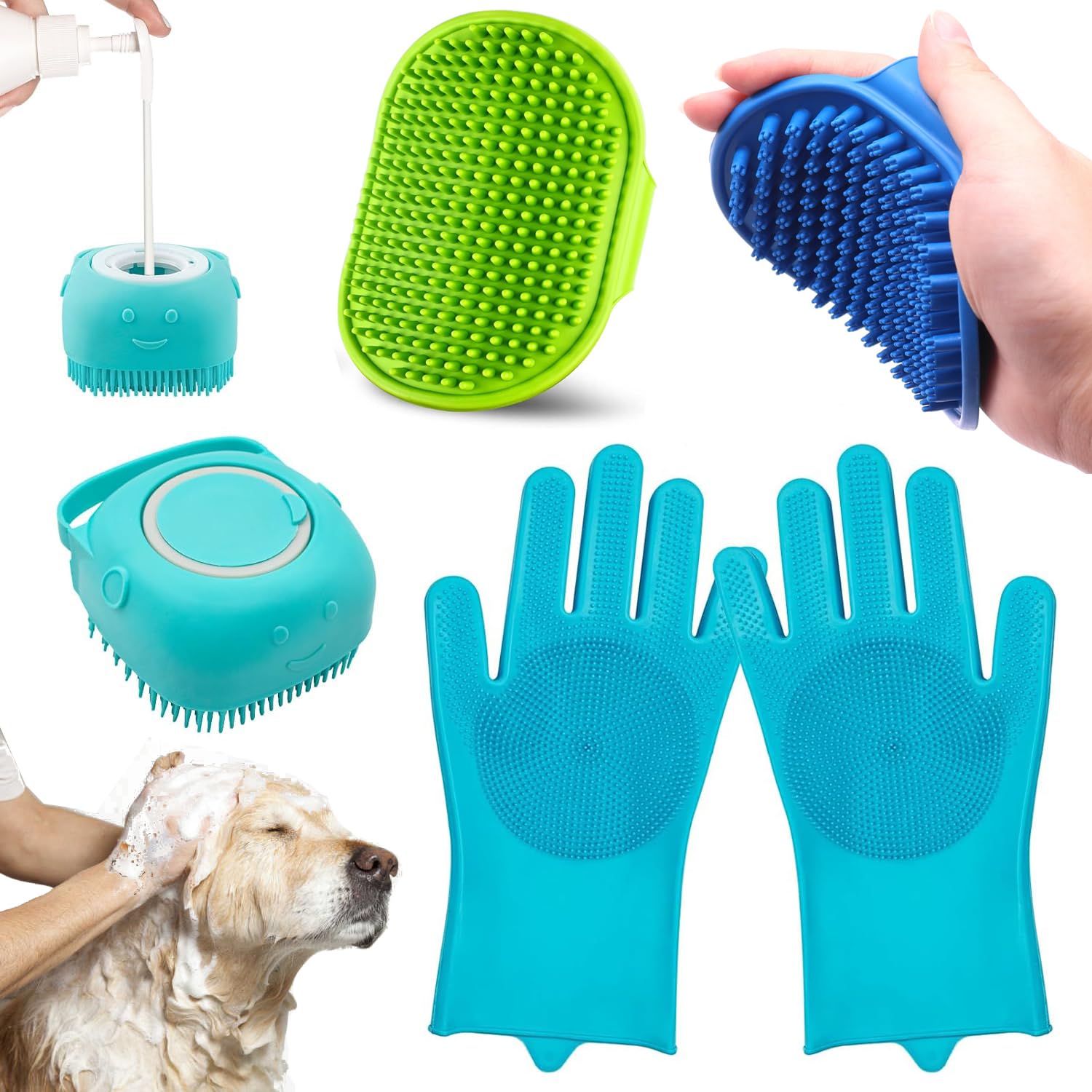Enmaipet 4-In-1 Dog Grooming Brush,Dog Bath Brush Set,Adjustable Handle Shampoo Brush & Scrubber, Dog Grooming Gloves For Short 
