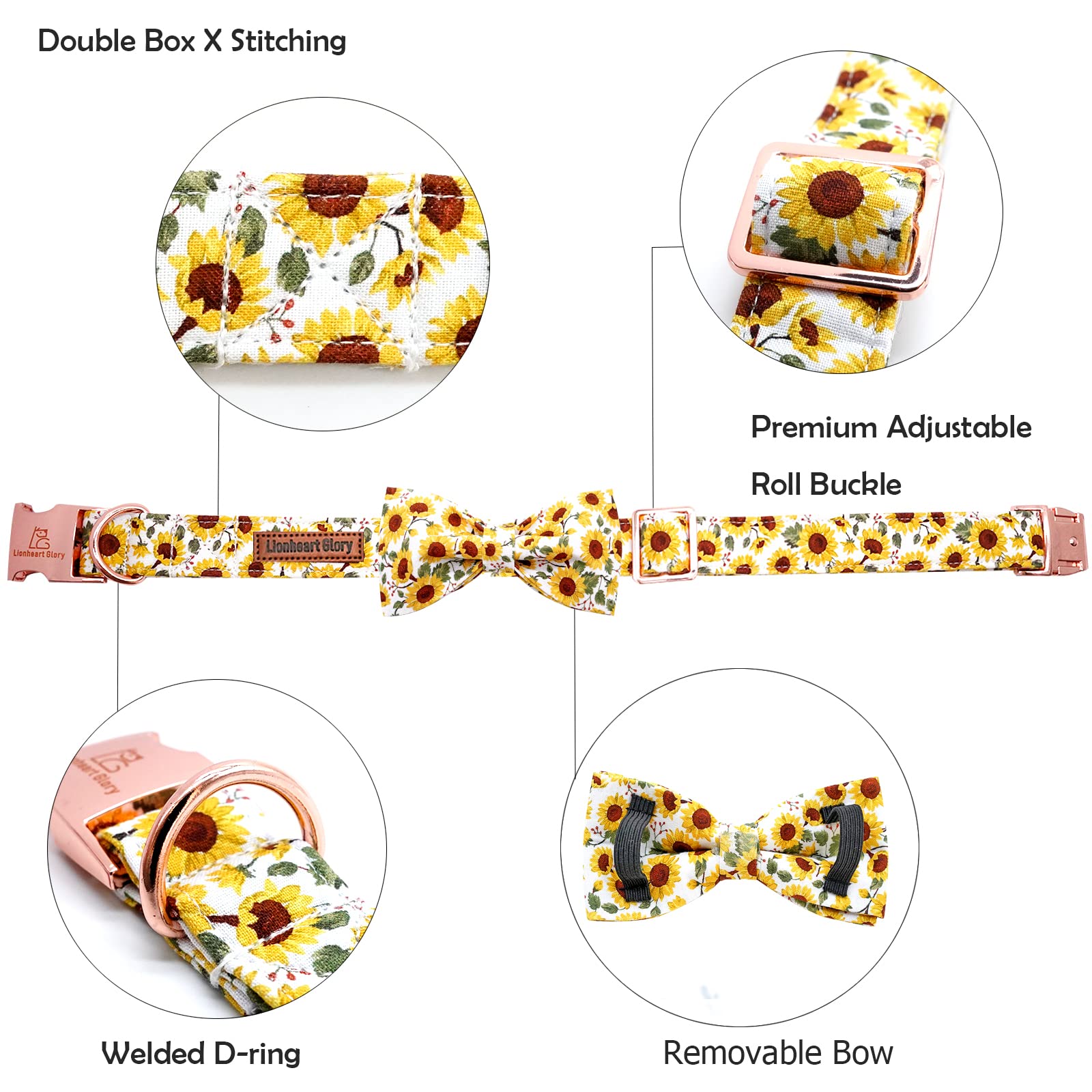 Lionheart glory Dog Collar with Bow Tie Sunflower Print Dog Collar for Female or Male Dogs Soft Durable Adjustable Collar Bows S