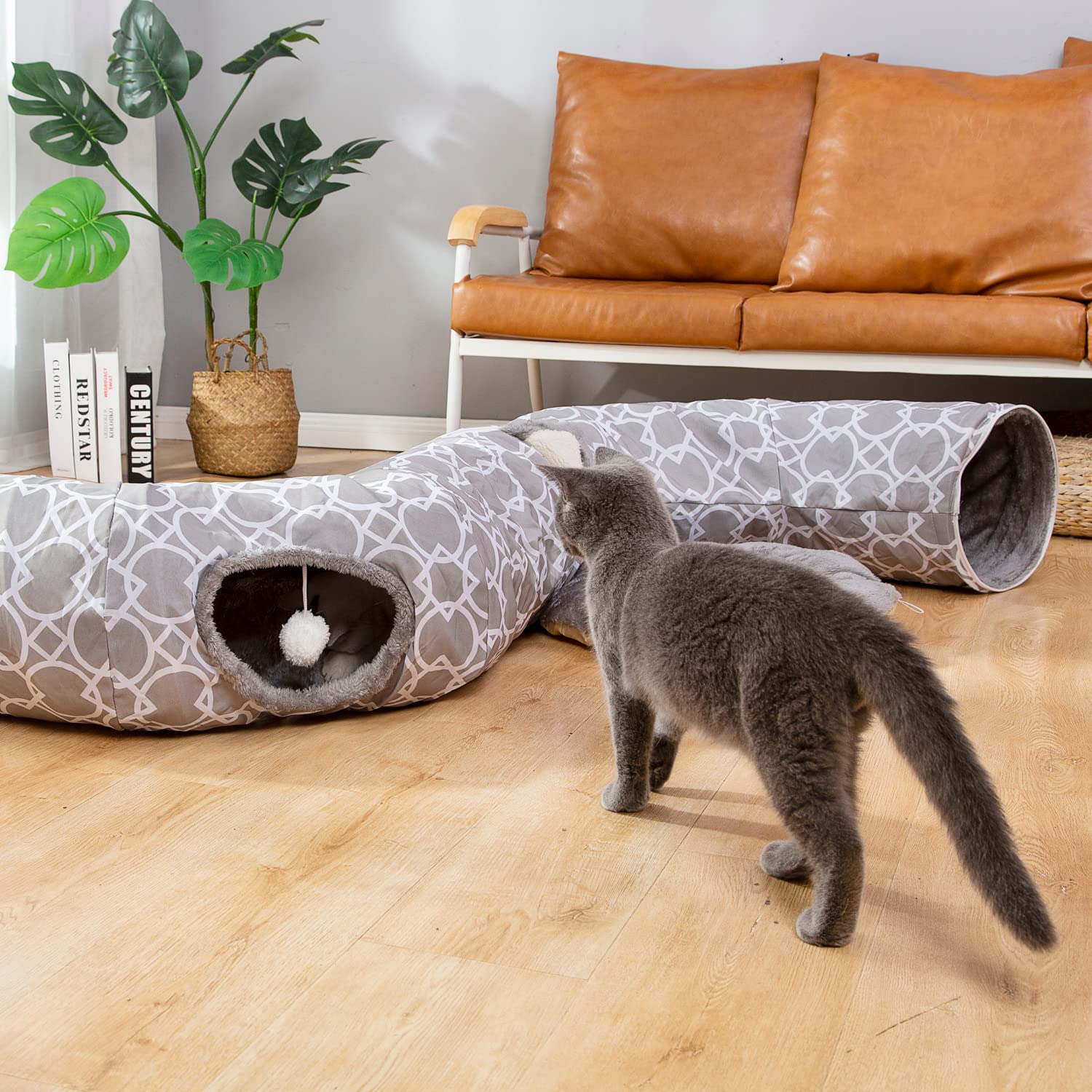 Luckitty Geometric Cat Tunnel Bed Oxford Outside With Plush Inside,Cats Toys Collapsible Tunnel Tube With Balls, For Rabbits, Ki