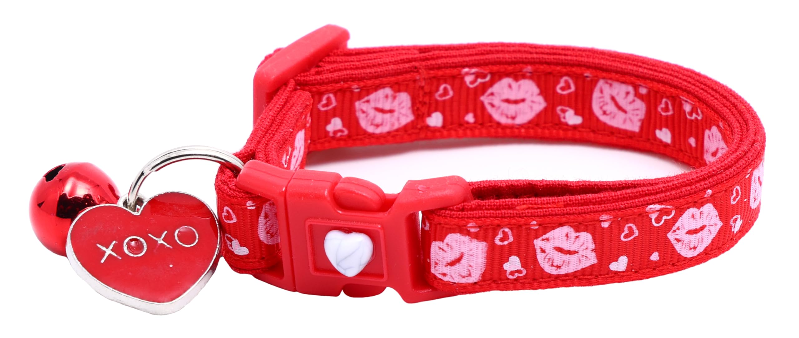 Valentines Day Cat Collar With Bell | Safety Breakaway Collar | Adjustable Large Size Or Kitten Collar (Smooches, Large(10Lbs & 