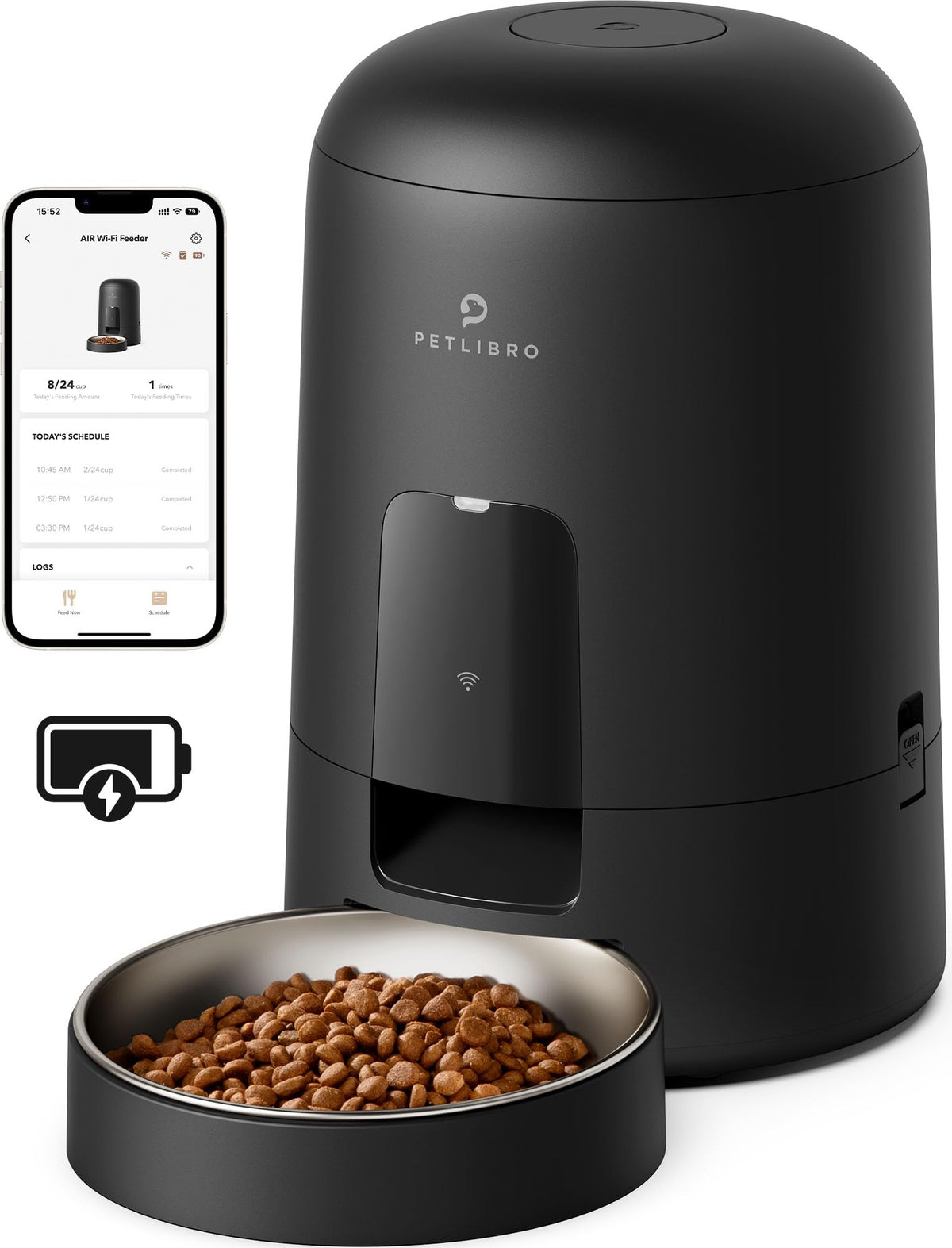 Petlibro Automatic Cat Feeder, Wi-Fi Rechargeable Cat Food Dispenser Battery-Operated With 30-Day Life, Air 2.4G Wi-Fi Timed Pet Feeder For Cat & Dog, 2L Auto Cat Feeder, Black