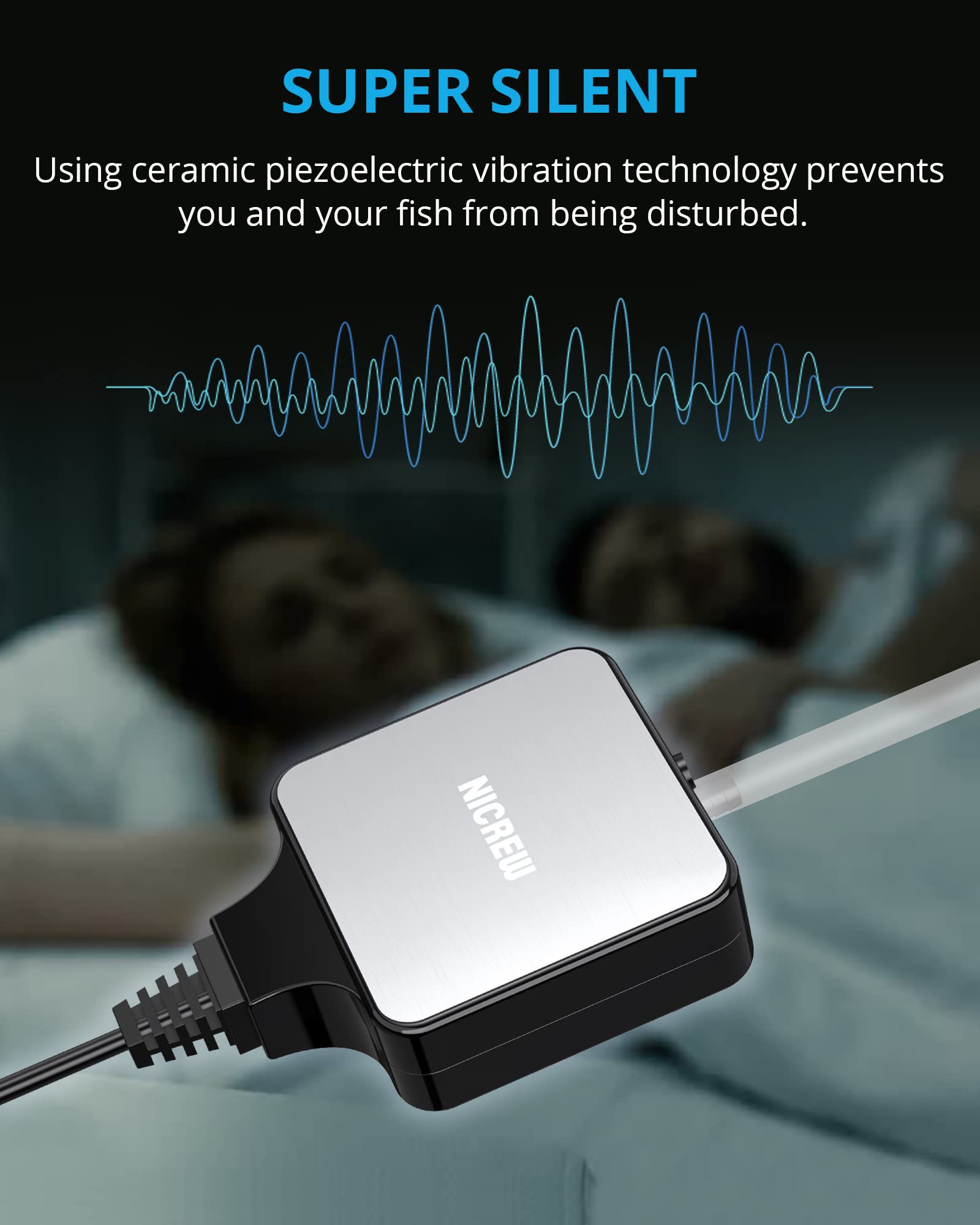 Nicrew Nano Silent Aquarium Air Pump, Corded Electric, Aquarium Aerator With Accessories For Up To 10 Gallon Fish Tank, Super Quiet, 0.3 L/Min, 1.5 Watts