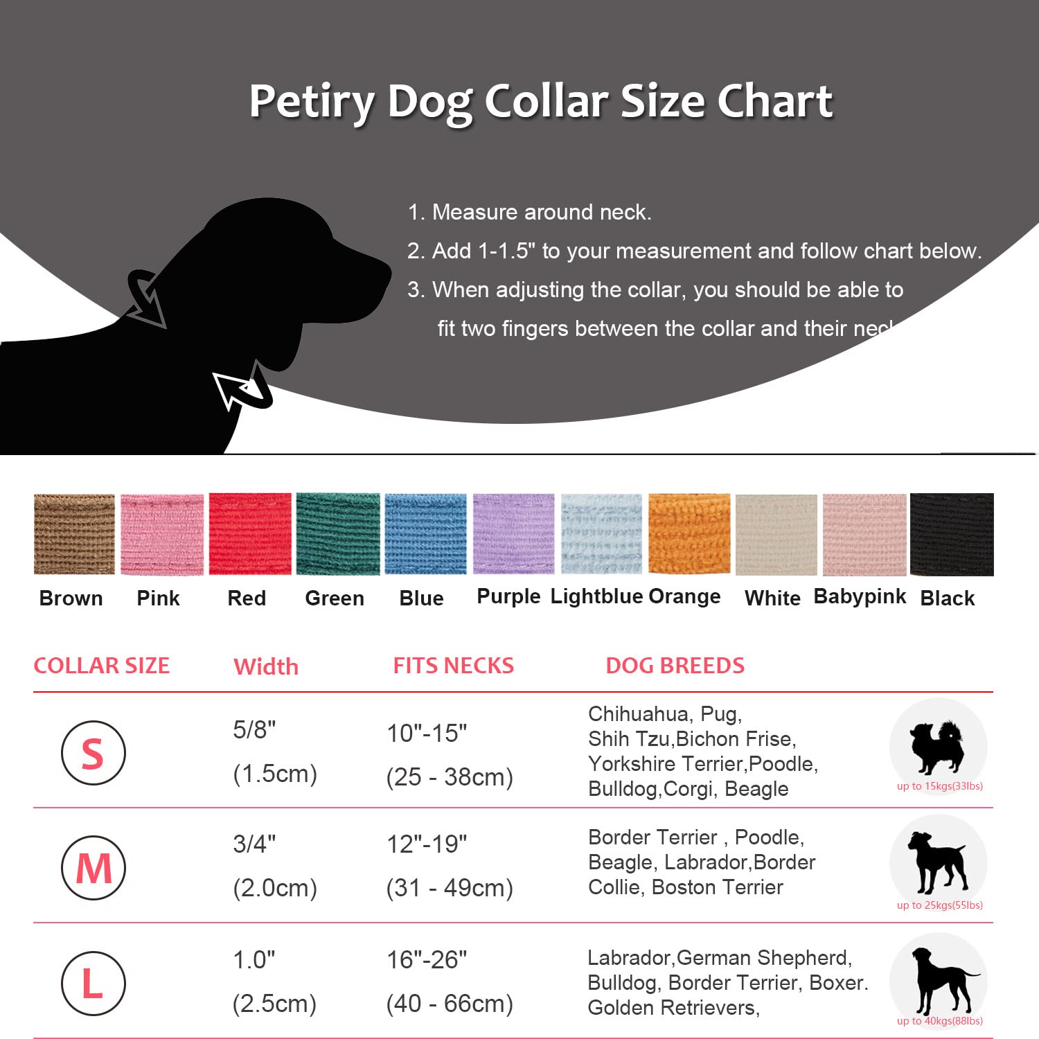 Petiry Soft Corduroy Fibric Dog Collar with High Grade Metal Buckle, for Small Dogs(Black,Small:10-15'')
