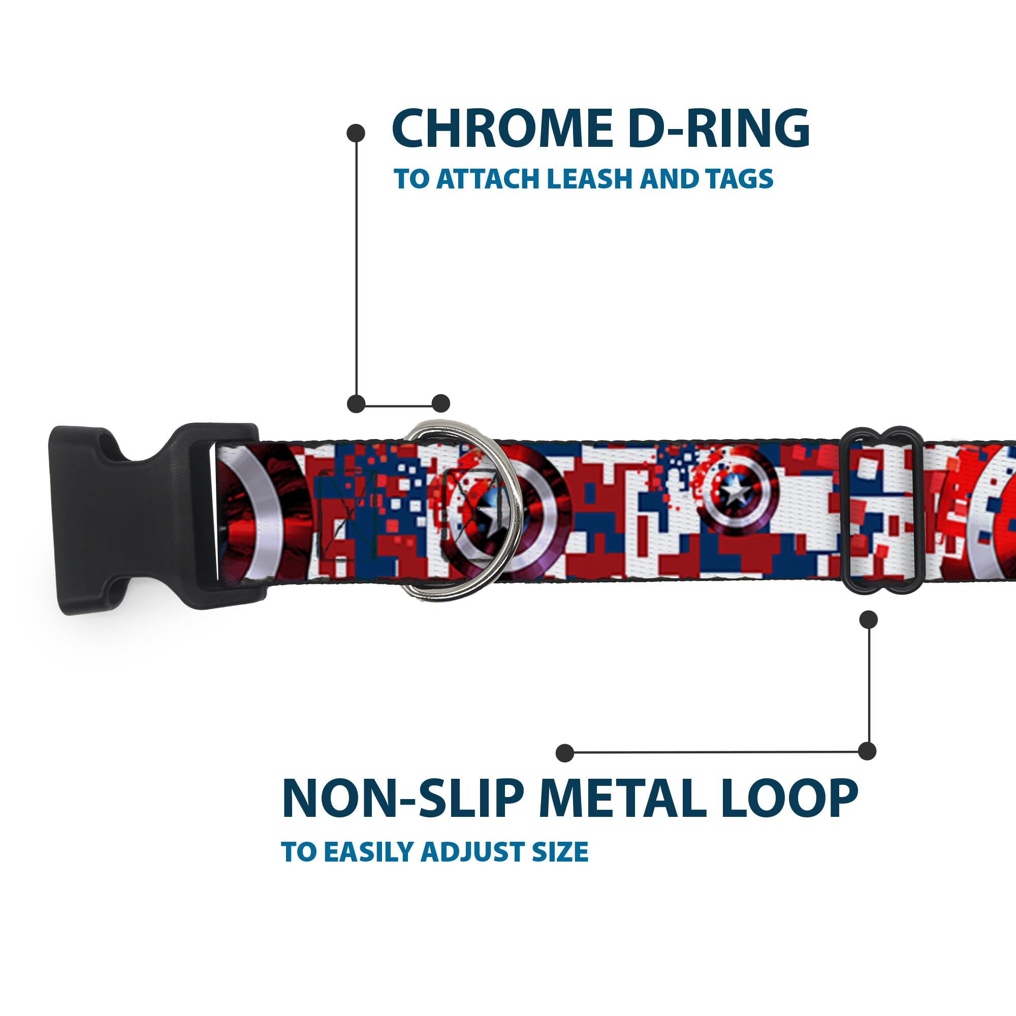 Buckle-Down Dog Collar Plastic Clip Captain America Shield Digital Camo Blue White Red 13 To 18 Inches 1.5 Inch Wide, Multicolor