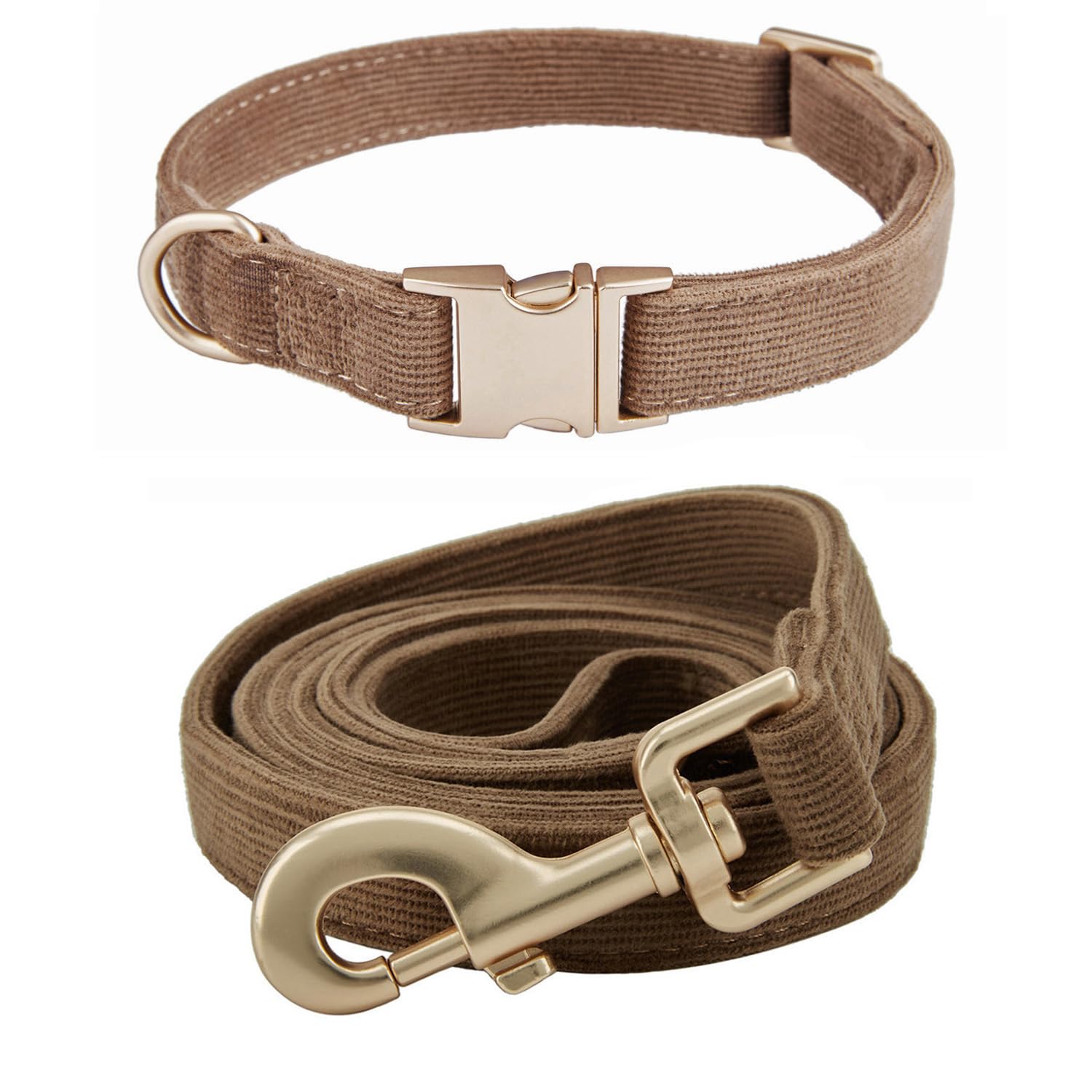 Ewinoom Soft Corduroy Dog Collar and Leash Set, Adjustable Cotton Dog Collars with Metal Buckle and Lead for Medium Dogs,Brown
