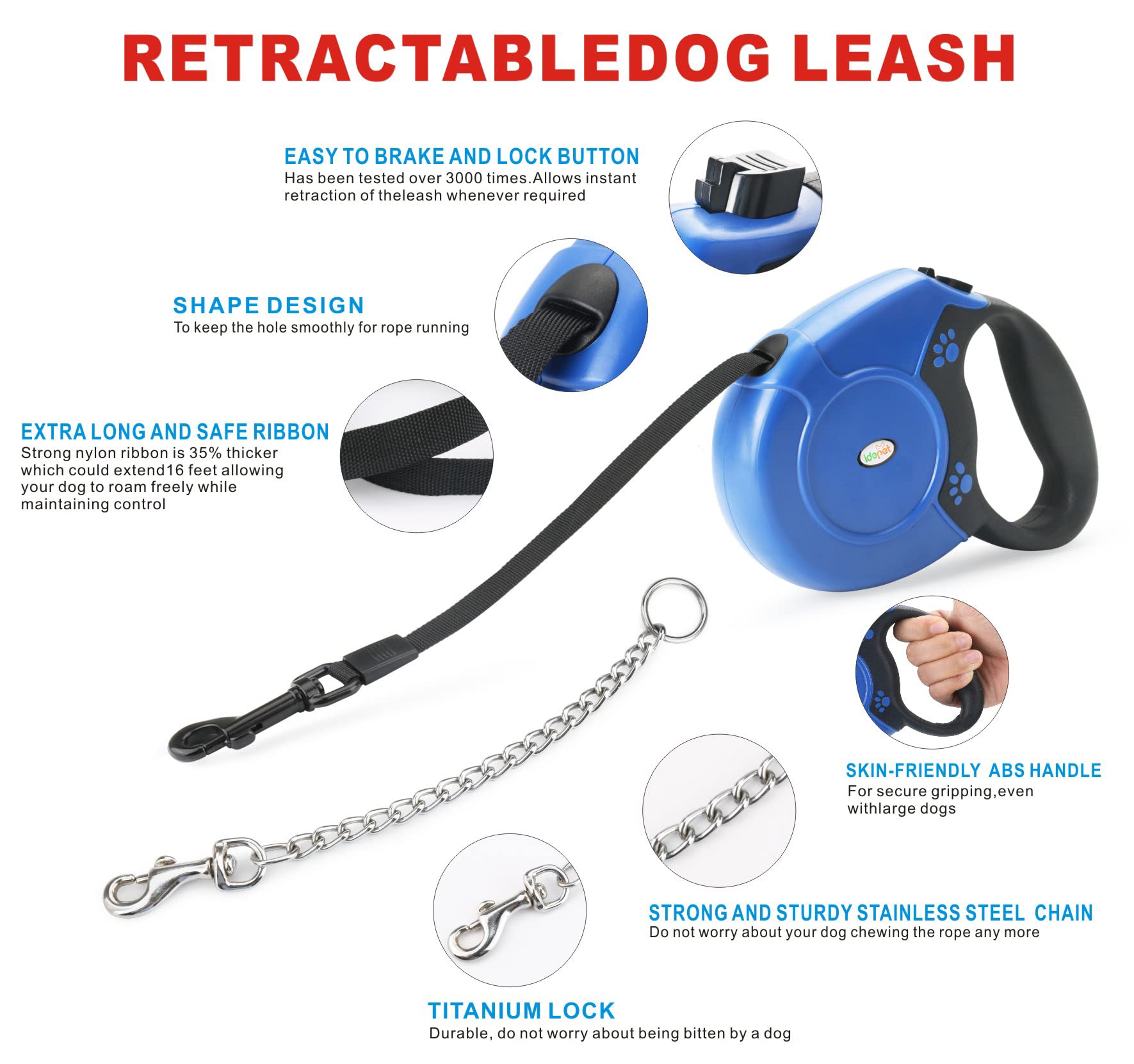 Idepet Heavy Duty Retractable Dog Leash For Small And Medium Dogs, Anti-Chewing Steel Chain 360 Degree Tangle-Free,Break And Lock System,16Ft Leash For Dog Walking (Blue, Flat Rope)
