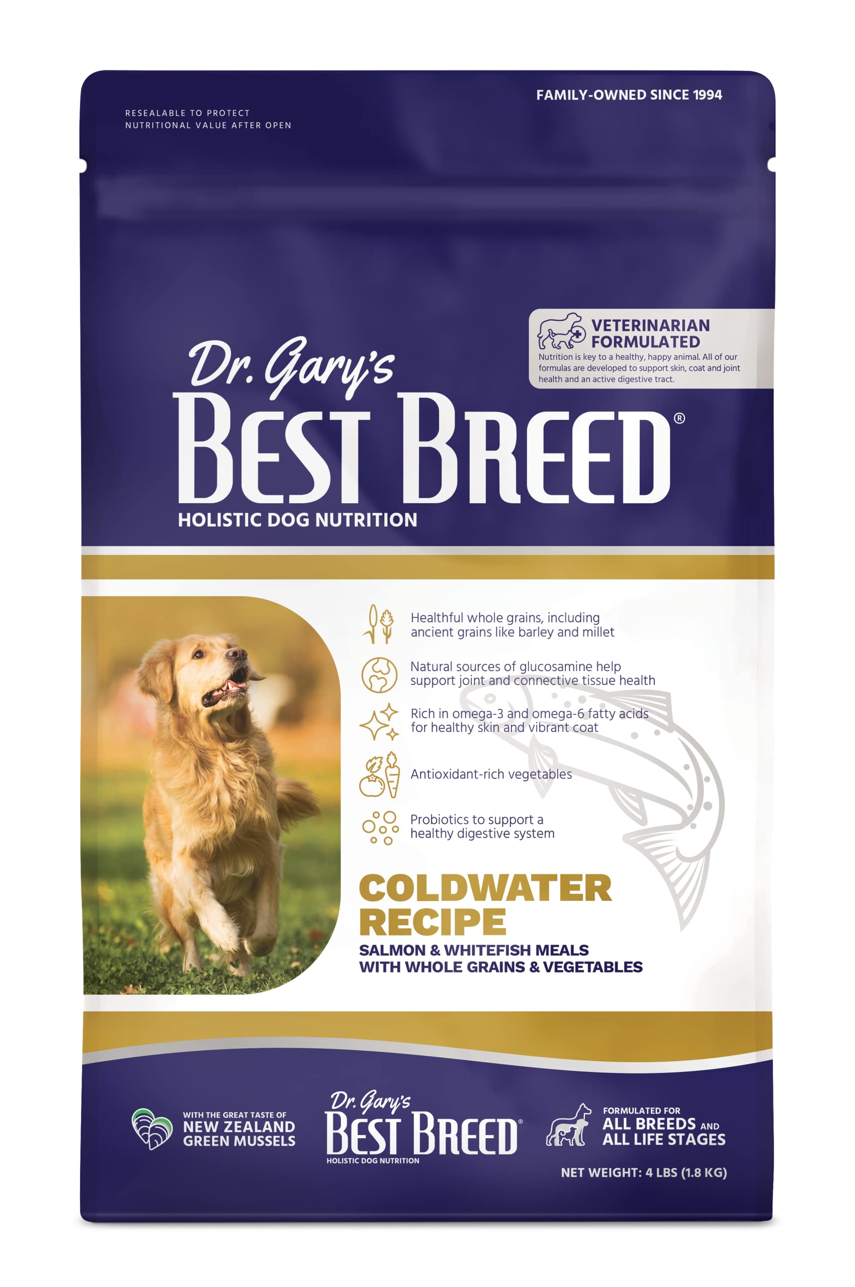 Dr. Garys Best Breed Coldwater Recipe Slow-Cooked in USA, Natural Dry Dog Food for All Breeds and Sizes, 4lbs