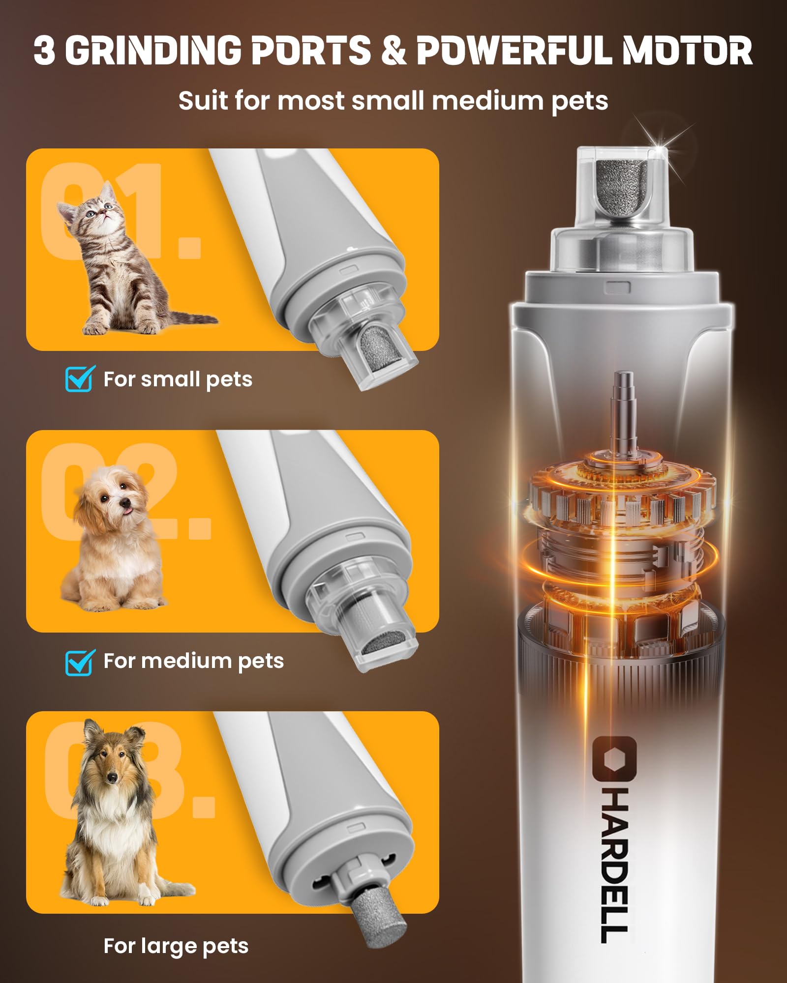 HARDELL Dog Nail Grinder, Super Quiet Dog Nail Trimmers with 2 LED Lights & 3 Grinding Ports, Rechargeable Safety Pet Nail Grind