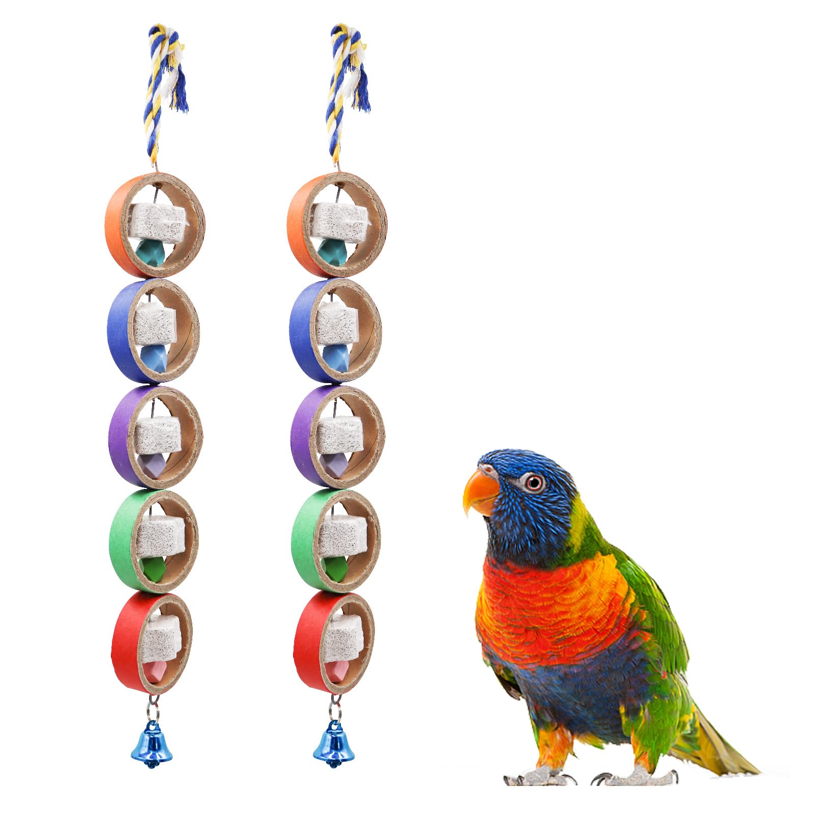 Oooct 2 Pack Bird Chewing Toys, Parrot Calcium Stone and Bagel Teeth Grinding Chew Treats Toy, Bird Shredder Toy with Bell, Cage